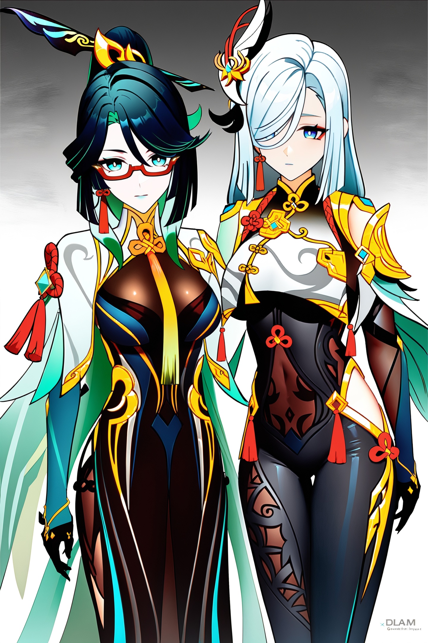 8k, best quality, masterpiece, (ultra-detailed:1.1), (high detailed skin), <lora:ganshenxian-A3-Tanger-000006:0.8>, 2girls, Xianyun's def clothes,Xianyun \(genshin impact\), Shenhe's def clothes, shenhe \(genshin impact\),   hair over one eye, long hair, glasses