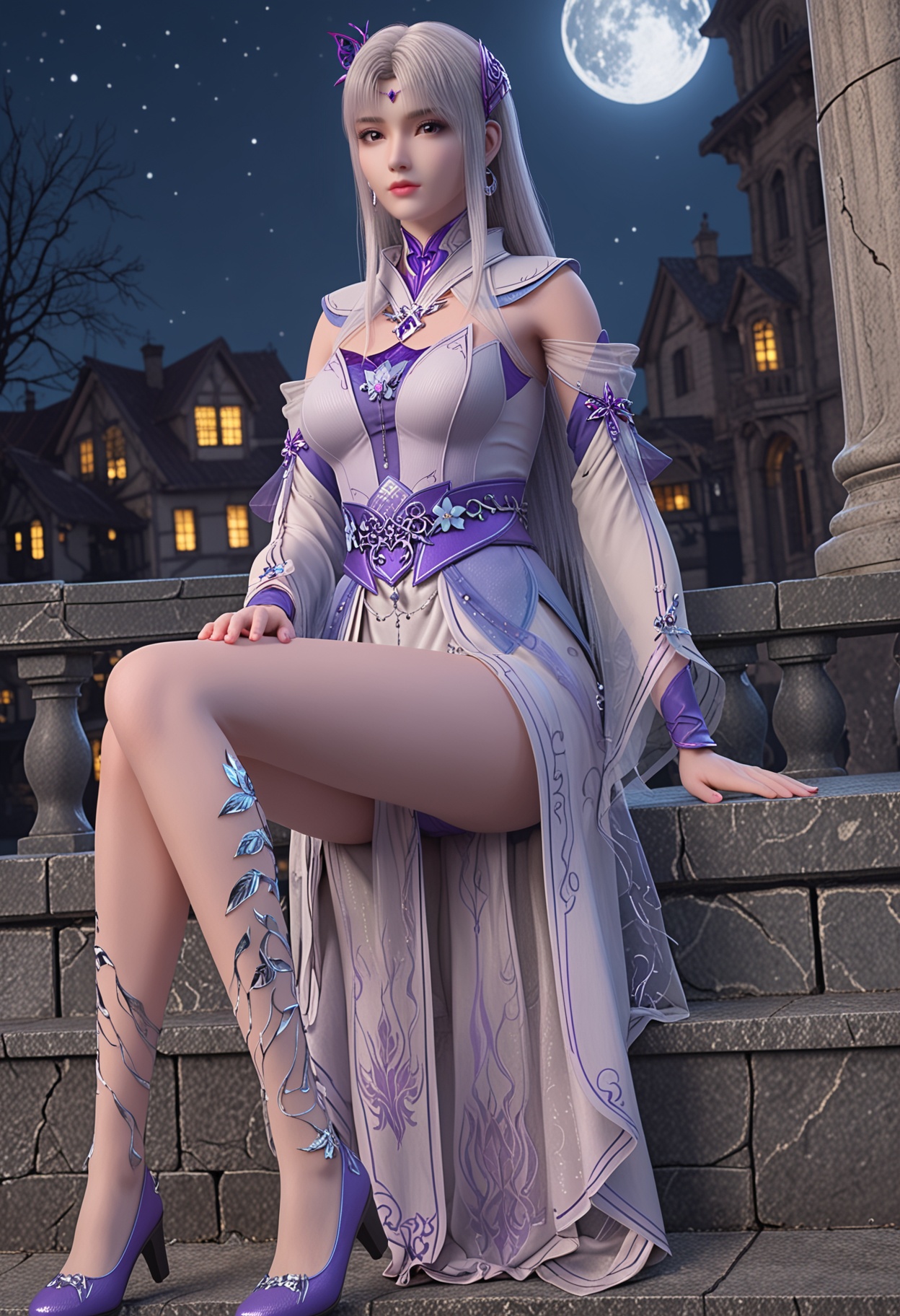 perfect_anatomy,(score_9:1.1),(upper_body:1.1),(looking_at_viewer:1.1),<lora:YQ_pony_xiaoyixian_V4:0.8>,1girl,solo,long hair,hair ornament,dress,realistic,jewelry,earrings,brown eyes,see-through,braid,high heels,tattoo patterns,sash,parted bangs,purple footwear,legs,pantyhose,purple eyes,detached sleeves,thighs,perfect_anatomy BREAK (perfect_anatomy:1.1),mature female,(full_moon,:1.1),fair_skin,white_skin,shiny_skin,pale skin,Ivory_skin,(cinematic lighting),