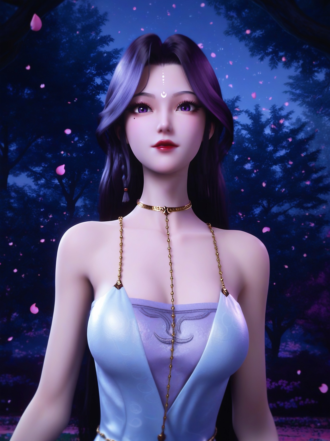 score_9,1girl,breasts,breasts,long hair,looking at viewer,facial mark,forehead mark,red lips,dress,choker,lipstick,falling petals,eyelashes,solo,looking at viewer,enchanting expression,outdoors,<lora:SF_YueYe_YuYi_Pony_Realism2.3:0.7>,