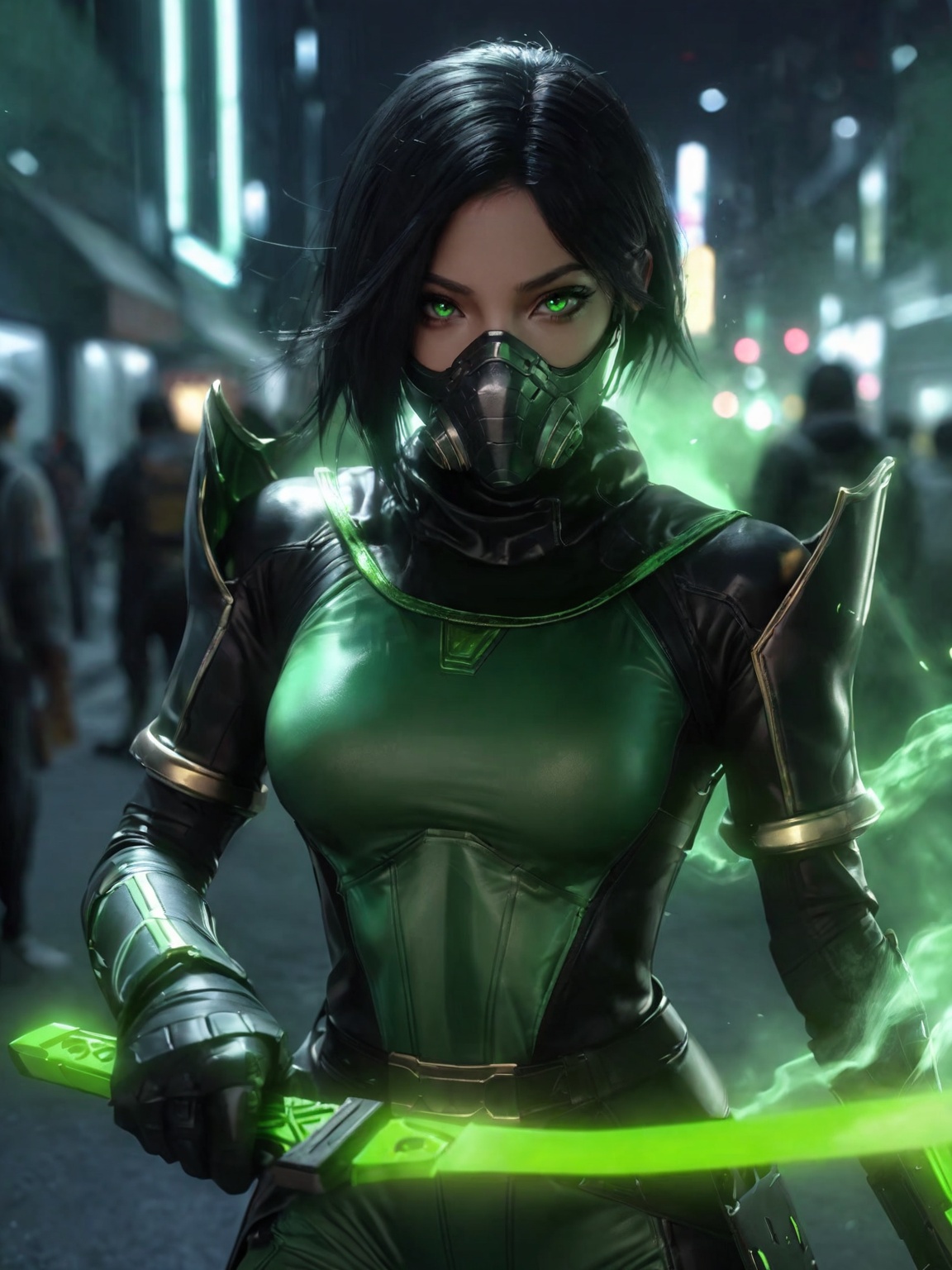 Viper,1girl,solo,black hair,green eyes,holding,looking at viewer,mask,weapon,A digital illustration depicts a fierce,dark-skinned woman with short black hair,wearing a green and black armored suit. She holds a glowing green sword,her masked face partially visible. The background is blurred,with dark,green-tinged smoke and faint city lights,suggesting an urban setting. The image has a sci-fi aesthetic,with a focus on the character. No watermark present.,looking_at_viewer,real,ray tracing,ultra sharp,ultra high resolution,(masterpiece),(best quality),super detailed,extremely delicate and beautiful,exquisite facial features,super delicate face,cinematic light,detailed environment,ultra realistic details,facing camera,finely detailed features,cinematic lighting effects,photoreal,32k uhd,cinematic lighting effects,