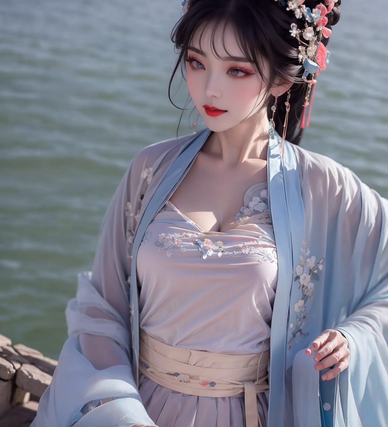 1girl,jewelry,red_lips_,lipstick,applying_makeup,diamond drop earrings,eye makeup,black hair,upper_body,solo,plump breasts,hanfu,<lora:汉服眼妆1.3:0.6>,embroidery,<lora:汉服海边吊带汉服1.1:0.8>,
