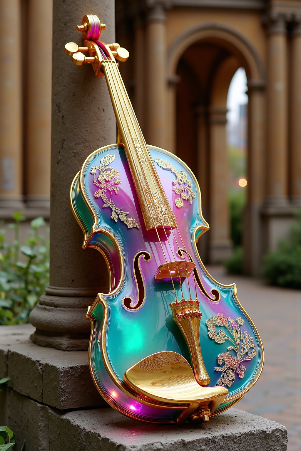 beijihui,Captured at eye-level,a vibrant blue violin is perched on a stone ledge. The violin is adorned with a variety of colors,including pink,purple,blue,green,and gold. The strings of the violin are adorned with intricate designs,adding a touch of sparkle to the scene. The background is blurred,creating a sense of depth and composition.,