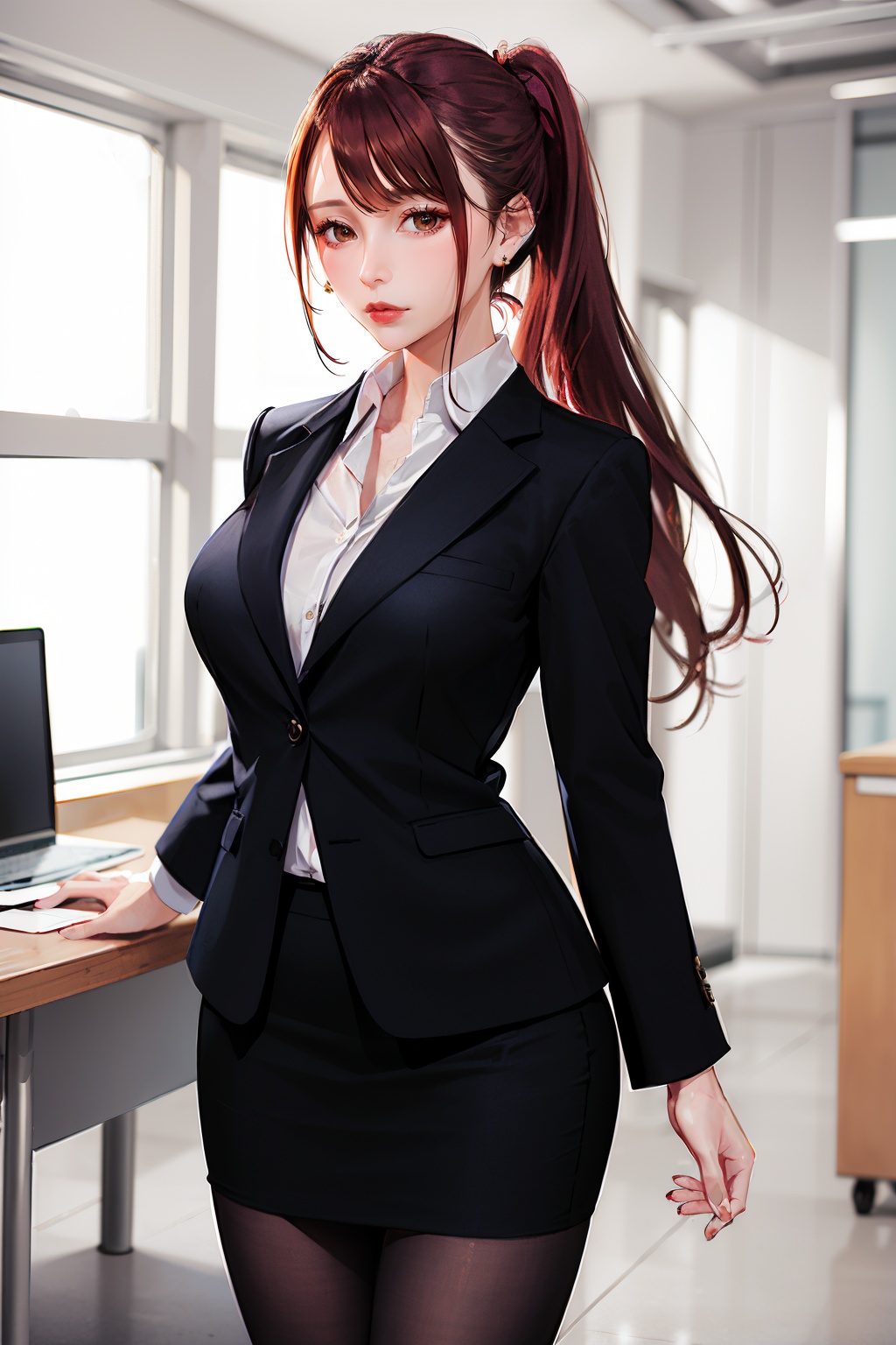 ((masterpiece, highest quality, Highest image quality, High resolution, photorealistic)),(Good structure),DSLR Quality,ito,1girl,solo,realistic,front view,standing,cowboy_shot,(business_suit,black suit,pencil_skirt),(indoors,office),long sleeves,earrings,jewelry,long hair,high ponytail,simple background,pantyhose,looking at viewer,lips,closed mouth,medium breasts,Depth of field,<lora:MI03:0.9>,