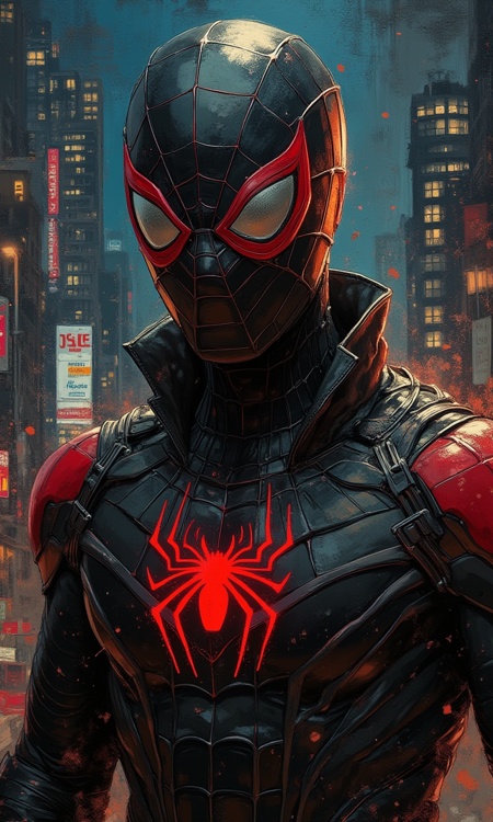 comic HDR photo of oil paint illustration, Portrait painting of Spider-Man wearing a black leather suit, ultra realistic, concept art, intricate details, eerie, highly detailed, photorealistic, octane render, 8k, unreal engine. art by artgerm and Jim Lee, NYC in the background, Full Body, Night time, illustration, old canvas, particles, dark background, art by Earle Bergey, art by Steven DaLuz, art by Ignacio Zuloaga , inspired by Tim and Greg Hildebrandt, style of luis royo, High dynamic range, vivid, rich details, clear shadows and highlights, realistic, intense, enhanced contrast, highly detailed . graphic illustration, comic art, graphic novel art, vibrant, highly detailed