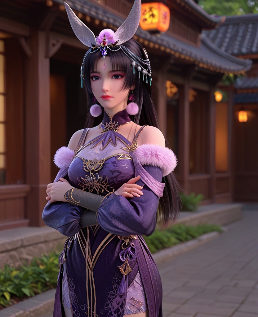(oriental architecture, elegant decor, sophisticated style:1.1),(crossed arms:1.1),(breasts:1.2),<lora:XL暗河传慕雨墨:0.95>,miss muyumo,purple halter dress,pom pom \(ornament\),rabbit ears hair ornament,jewelry,puffy long sleeves,forehead mark,fur trim,black hair,long hair,purple eyes,parted bangs,white thighhighs,, score_9,score_8_up,score_7_up,score_6_up,score_5_up,score_4_up,3d rendering,tag1,tag2, Cinematic Lighting,backlighting,