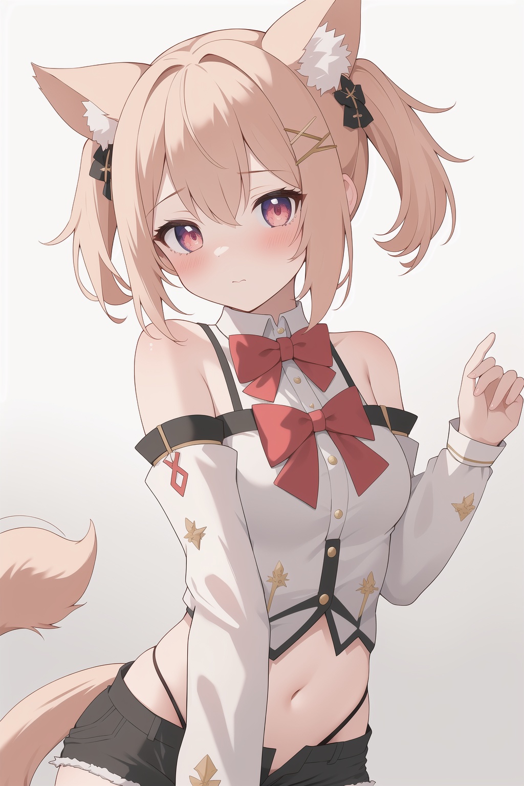 masterpiece,best quality,1girl,upper body,highres,absurdres,lens flare,tail,panties,shorts,detached sleeves,bare shoulders,hair ornament,bowtie,blush,simple background,
