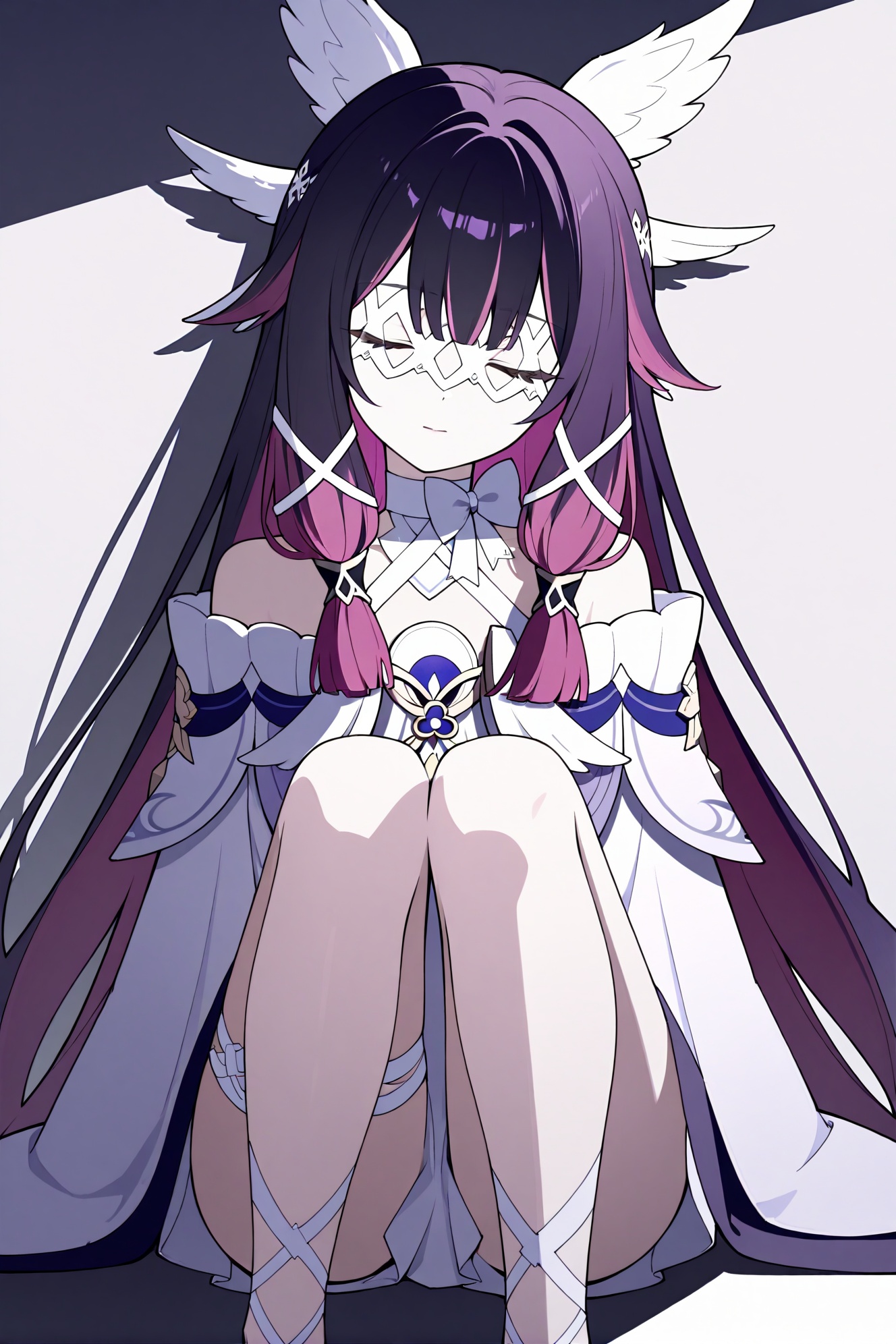 tender shadow,kyoyotsug,Columbina\(genshin impact\),1girl,closed eyes,solo,multicolored hair,long hair,white mask,pink hair,wings,eye mask,head wings,sitting,two-tone hair,closed mouth,knees up,very long hair,black hair,purple hair,hair ornament,ovc2,