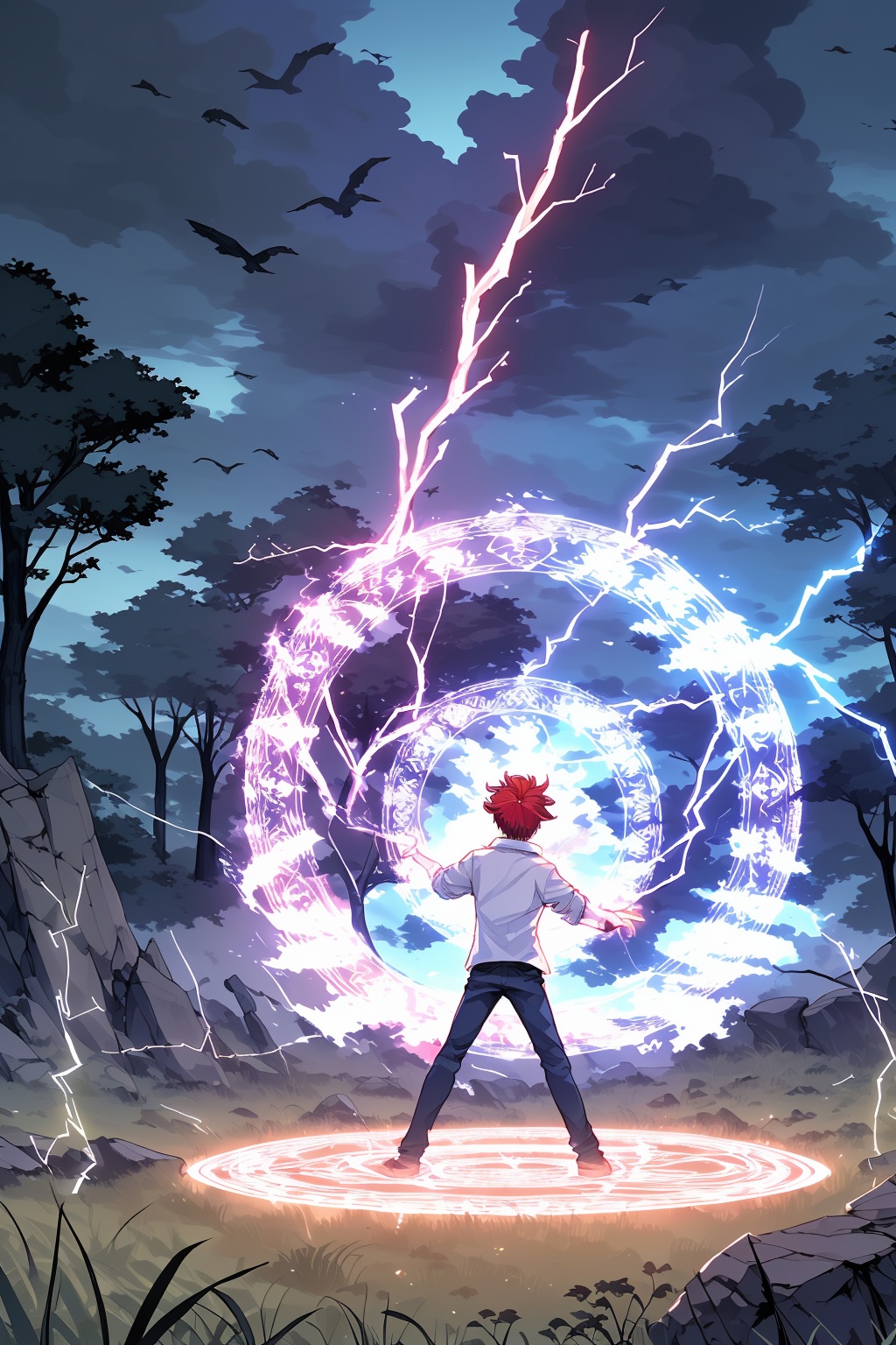 ananzd, 1boy, male focus, magic, magic circle, solo, electricity, pants, outdoors, shirt, sky, from behind, night, tree, holding, red hair, fantasy, standing, outstretched arms, cloud, bird, legs apart, lightning, glowing, nature, weapon, grass, cloudy sky