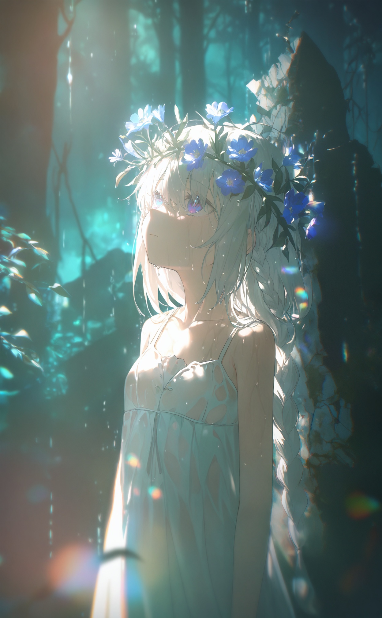 masterpiece,very aware,highres,absurdres,newest,best quality,loli,petite,high quality,chromatic_aberration,//,illustration,ultra detailed,hdr,Depth of field,(colorful),bust,late at night,dark,light rain,dark,contrast,phenomenal aesthetic,(detailed light),light rain,dark,(((Cornflower))),cornflower,cornflower,vines,forest,ruins,Blurred picture,lens flare,hdr,Tyndall effect,damp,wet,1girl,bare shoulders,cold theme,broken glass,broken wall,aqua theme,white hair,blinking,white dress,closed mouth,constel lation,flat color,braid,white robe,float,constel lation,looking up,standing,solo,//,<lora:konya_karasue——【noob】hans:0.8>,