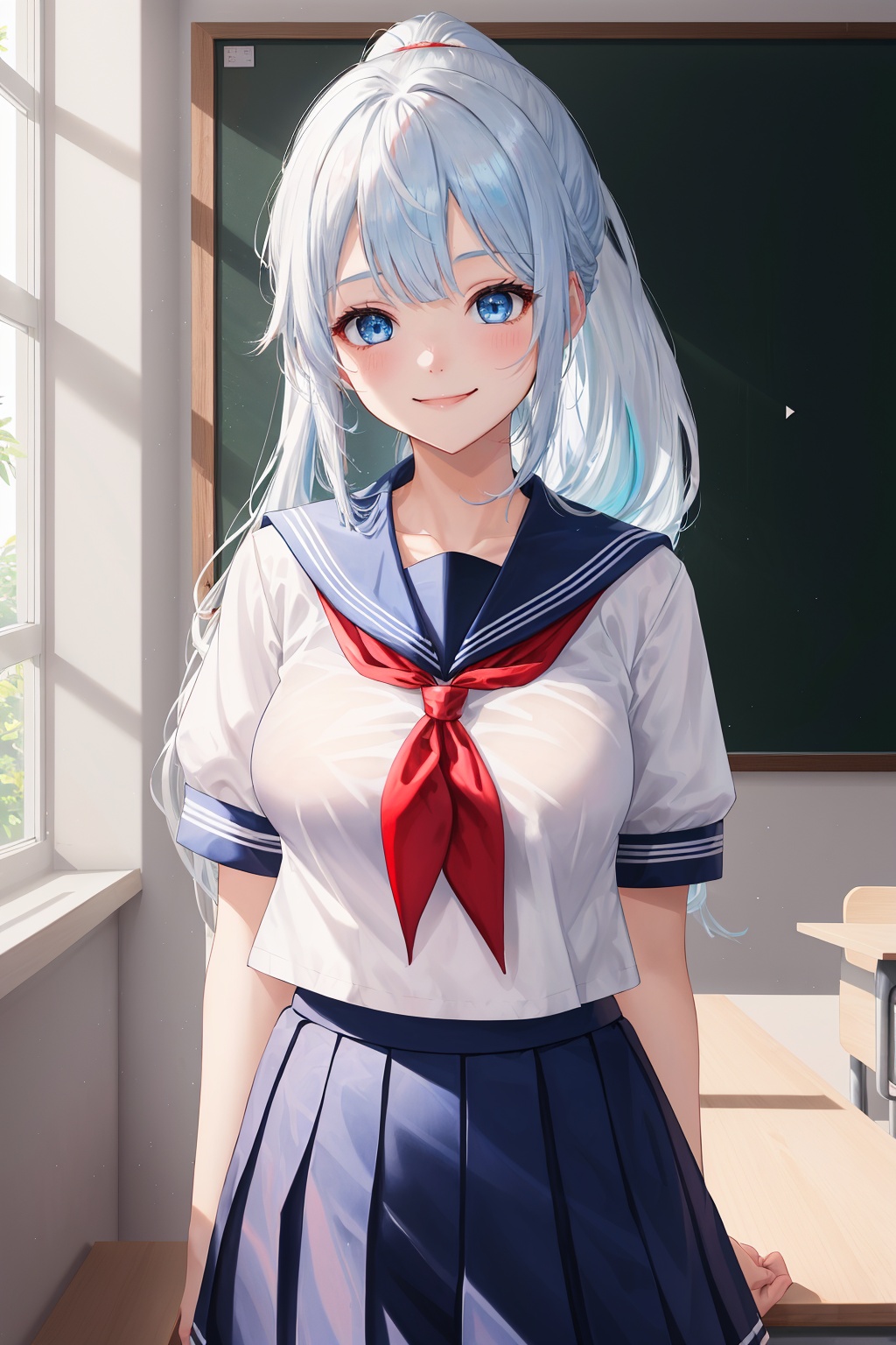<lora:国风插画SDXL:1>,(red_neckerchief:1.2),1girl,(very Long hair:1.1),(long_ponytail:1.1),[white hair],light blue hair,long bangs,(red serafuku),big_breasts,classroom,indoors,blue sailor collar,blue skirt,white shirt,short sleeves,blue_eyes,cowboy_shot,smile,