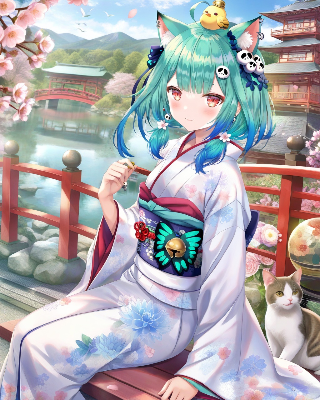 1girl, virtual youtuber, kimono, japanese clothes, animal ears, cat ears, hair ornament, green hair, uruha rushia, red eyes, smile, sitting, solo, flower, ahoge, short twintails, earrings, looking at viewer, outdoors, twintails, animal ear fluff, bangs, sash, multicolored hair, extra ears, obi, piercing, floral print, jewelry, closed mouth, ear piercing, hair flower, bird, short hair, skull hair ornament, day, blue hair, blush, low twintails, long sleeves, animal on head, print kimono, wide sleeves, on head, medium hair, gradient hair, kanzashi, bridge, bell, cat, sky, animal, white kimono, cat girl, chick, ball, architecture