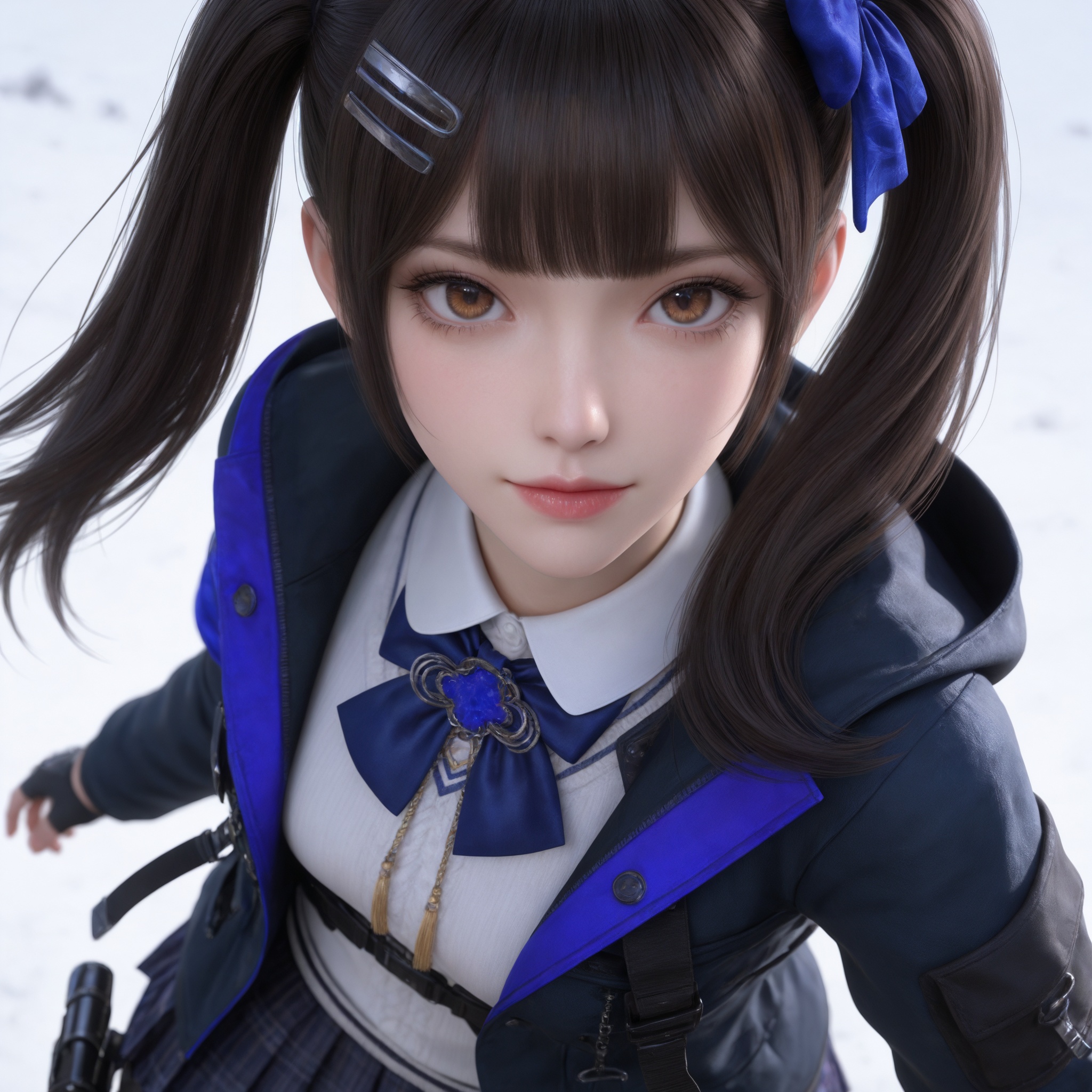 Nai3 style,realistic style photo,outstanding style,Use soft lighting to cast gentle shadows on the subject,adding a touch of dimension to your images without compromising details,whirls of vapor,(Anime:1.1),soft neon light,ethereal ambiance,delicate details,magical atmosphere,concept art,highly detailed,ultra-high resolution,32K UHD,sharp focus,best-quality,masterpiece,golden hour,unconventional supreme masterpiece,masterful details,temperate atmosphere,with a high-end texture,in the style of fashion photography,magazine style,Dynamic Angle,Dynamic posture,magazine style,Dynamic Angle,Dynamic posture,(cowboy_shot:1.2),eye trail,depth of field,cinematic lighting,lens flare,close-up,extreme aesthetic,(wlop:0.6),(honjou raita,lack,rella,wanke:0.5),masterpiece,best quality,good quality,newest,year 2025,very aesthetic,absurdres,Visual impact,A shot with tension,ultra-high resolution,32K UHD,sharp focus,best-quality,masterpiece,Emotionalization,unconventional supreme masterpiece,masterful details,temperate atmosphere,with a high-end texture,in the style of fashion photography,(Visual impact:1.2),giving the poster a dynamic and visually striking appearance, <lora:CF-关小羽v1-IL:0.7> 1girl, twintails, brown hair, blue bow,  brown eyes, hairclip, white shirt, open jacket, pleated skirt, plaid skirt, long sleeves, black fingerless gloves,black pantyhose, thigh strap,holster,, realistic style,white background,upper body,looking at viewer,dynamic posture,