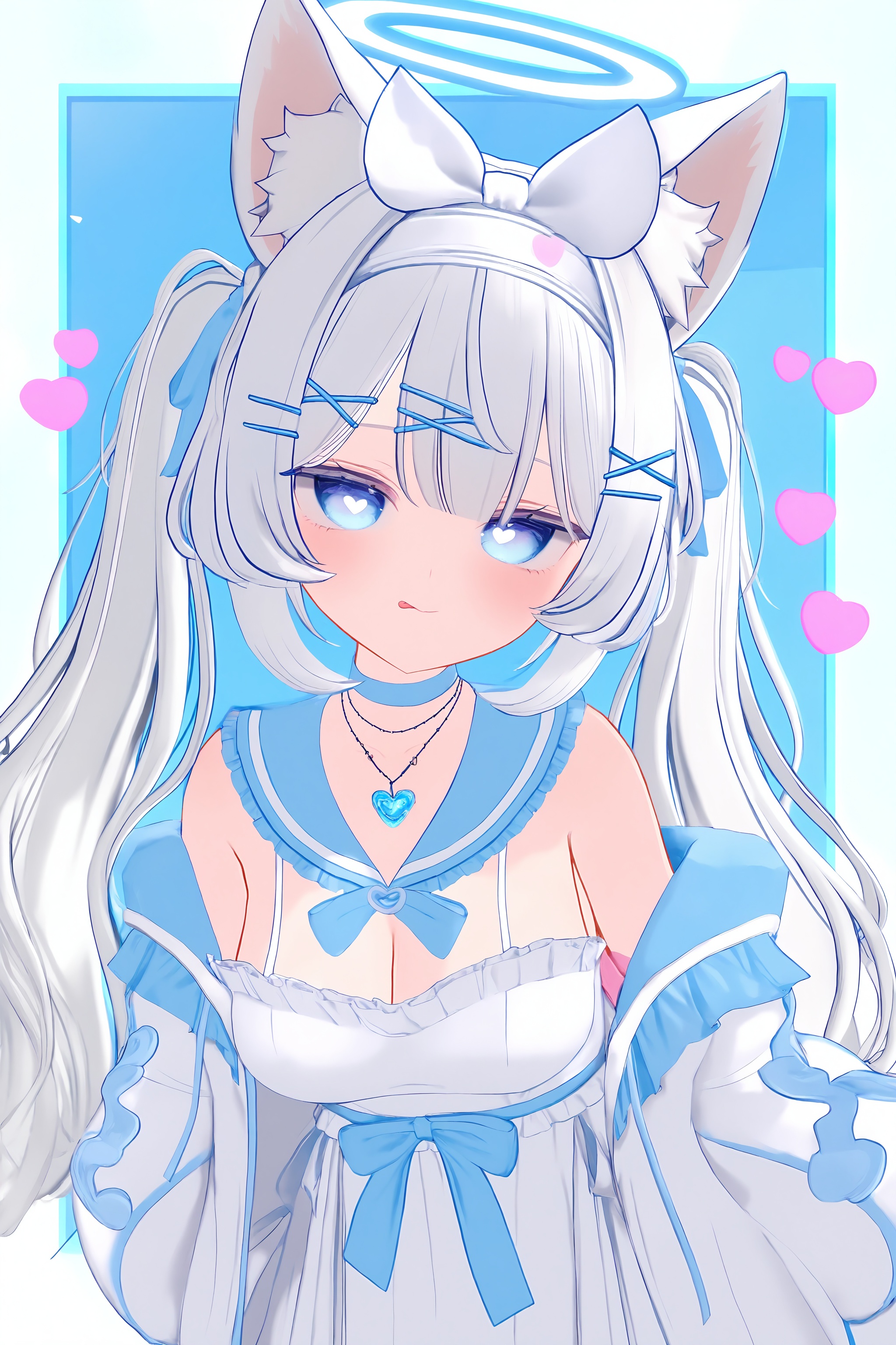 <lora:vrc_style_v3-000080>,vrc_vibe,high resolution,aesthetic,excellent,medium resolution,newest,1girl,animal ears,heart,solo,blue eyes,hair ornament,breasts,(heart-shaped pupils:0.7),(symbol-shaped pupils:0.7),looking at viewer,animal ear fluff,hairclip,necklace,white hair,jewelry,blush,cleavage,white dress,twintails,long hair,dress,choker,x hair ornament,off shoulder,halo,blue sailor collar,ribbon,sailor collar,tongue out,frills,hair ribbon,hairband,upper body,tongue,white hairband,