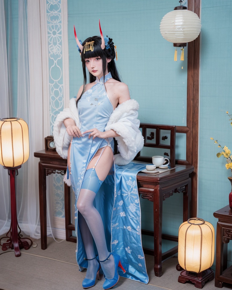 qipao, 1girl, dress, solo, horns, thighhighs, black hair, long hair, garter straps, blue dress, blue footwear, hair ornament, high heels, oni horns, flower, chinese clothes, china dress, vase, full body, bangs, blunt bangs, standing, blue thighhighs, bare shoulders, lamp, looking at viewer, side slit, chair, indoors, lantern, sleeveless, sleeveless dress, feather boa, very long hair, straight hair, shawl, sidelocks, pelvic curtain, official alternate costume,<lora:qipao_20231203121722:0.9>,