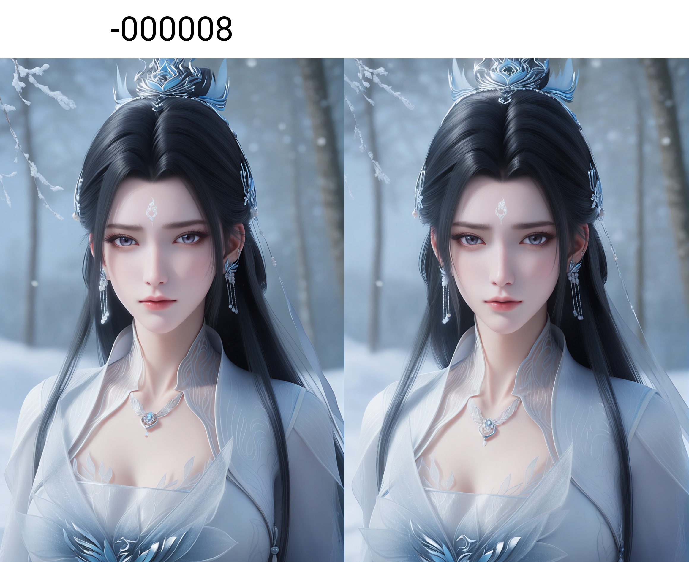 (score_9),upper body,<lora:陆雪琪2-Apony-000008:0.82>,luxueqi,1girl,solo,long hair,black hair,hair ornament,hair bun,updo,earrings,forehead mark,dress,jewelry,necklace,hair ribbon,<lora:Expressive_H-000001:0.8>,light blush,front view,mature female,collarbone,pointy breasts,puffy breasts,cleavage,<lora:e肤色滑块:0.35>,fair_skin,(pale_skin),(white_skin),light skin,ultra-detailed skin texture,detailed textures,BREAKsimple background,in snow,Tyndall effect,available light,depth of field,tree,snowflakes,branch,twig,<lora:e色温:0.35>,4K ultra HD,sharp focus,high detail,natural lighting,high contrast,