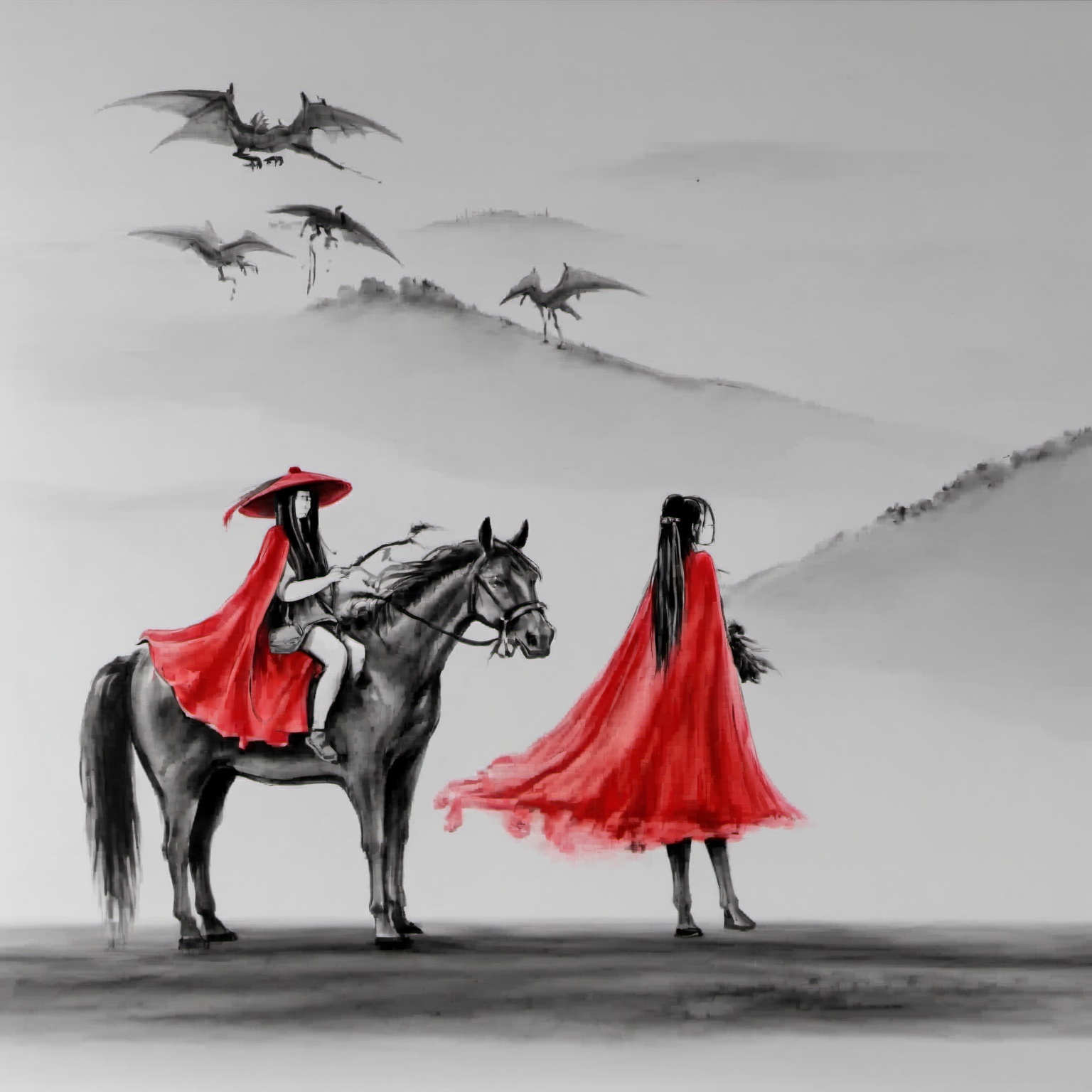 <lora:ink_xiakexing_xl:0.8>,1girl,red dress,dragon,ink painting,ink painting,a drawing of a woman holding a horse with a man on it's back,1girl,long hair,1boy,hat,monochrome,cape,bird,animal,letterboxed,riding,horse,horseback riding,spot color,