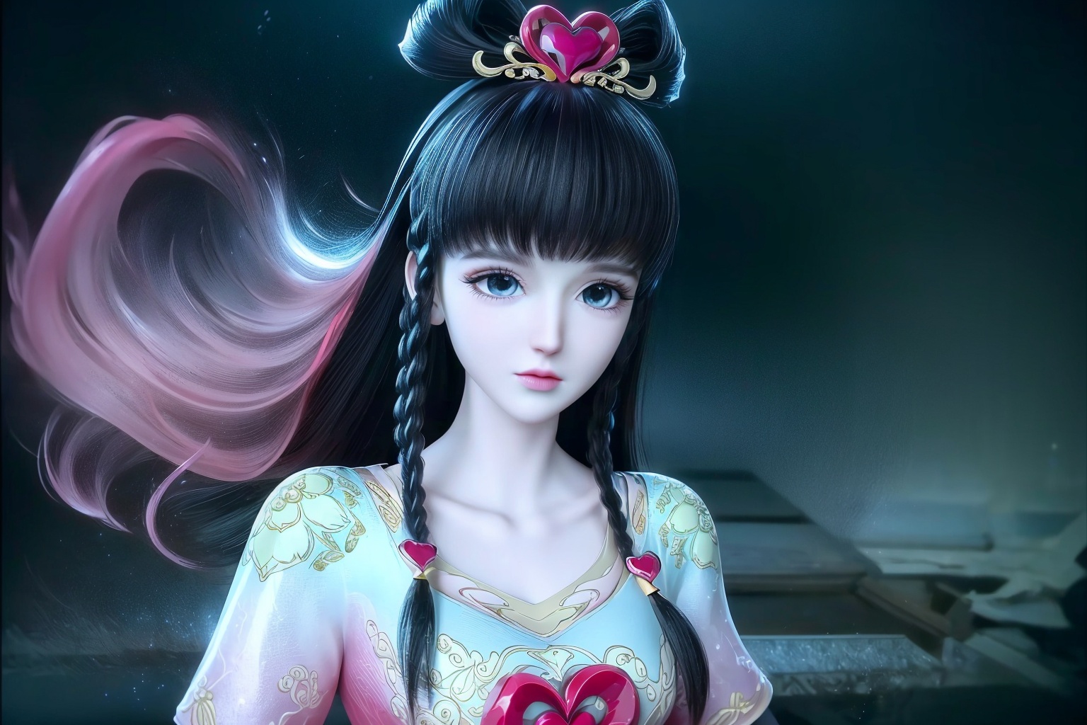 (8k, RAW photo, best quality, masterpiece:1.2),(super realistic, photo-realistic:1.3),ultra-detailed,extremely detailed cg 8k wallpaper,hatching (texture),skin gloss,light persona,(crystalstexture skin:1.2),(extremely delicate and beautiful),ultra-high resolution,surrealism,fantastical verisimilitude,fantastical creation,thriller color scheme,surrealism,abstract,psychedelic,1girl,solo,pink dress,sparkle,shine,reflection,(upper body:1.2),black hair,braid,long hair,heart,twin braids,hanfu,chinese clothes,the fog,pink smoke,black background,hair accessories,nebula,yll-hd,<lora:0720叶罗丽汉服:0.8>,ll-hd,<lora:1111白皙质感:0.5>,ty-hd,<lora:0110田野:0.6>,