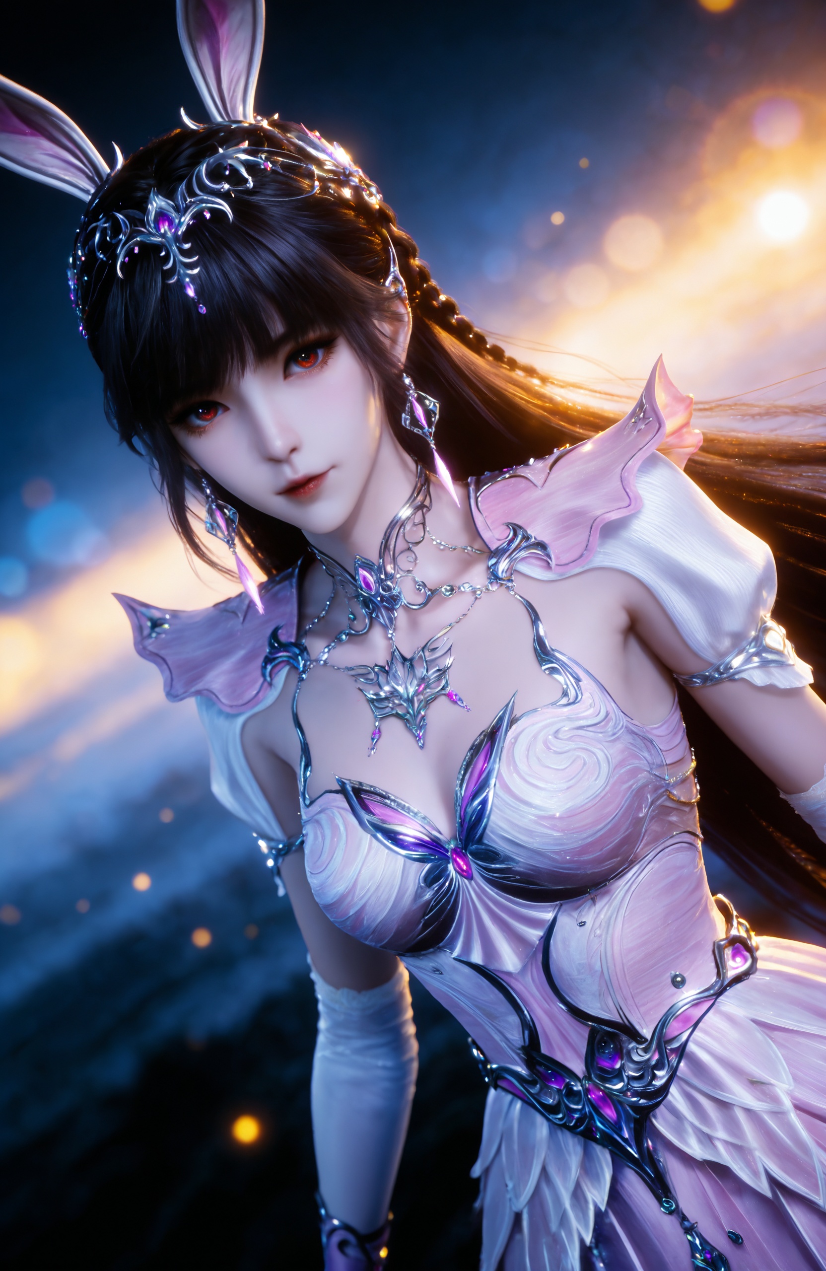 <lora:斗罗大陆-小舞IL-结婚版:0.8> 1girl, hair ornament, long hair, black hair,rabbit ears, earrings, braid, pink dress, , metal collar, thighhighs, high heels, realistic style photo,outstanding style,Use soft lighting to cast gentle shadows on the subject,adding a touch of dimension to your images without compromising details,whirls of vapor,(Anime:1.1),soft neon light,ethereal ambiance,delicate details,magical atmosphere,concept art,highly detailed,ultra-high resolution,32K UHD,sharp focus,best-quality,masterpiece,golden hour,unconventional supreme masterpiece,masterful details,temperate atmosphere,with a high-end texture,in the style of fashion photography,magazine style,Dynamic Angle,Dynamic posture,magazine style,Dynamic Angle,Dynamic posture,(cowboy_shot:1.2),eye trail,depth of field,cinematic lighting,lens flare,close-up,extreme aesthetic,(wlop:0.6),(honjou raita,lack,rella,wanke:0.5),masterpiece,best quality,good quality,newest,year 2025,very aesthetic,absurdres,Visual impact,A shot with tension,ultra-high resolution,32K UHD,sharp focus,best-quality,masterpiece,Emotionalization,unconventional supreme masterpiece,masterful details,temperate atmosphere,with a high-end texture,in the style of fashion photography,(Visual impact:1.2),giving the poster a dynamic and visually striking appearance,, solo,upper body,looking at viewer,gradient background,gradient,blue background,black background,