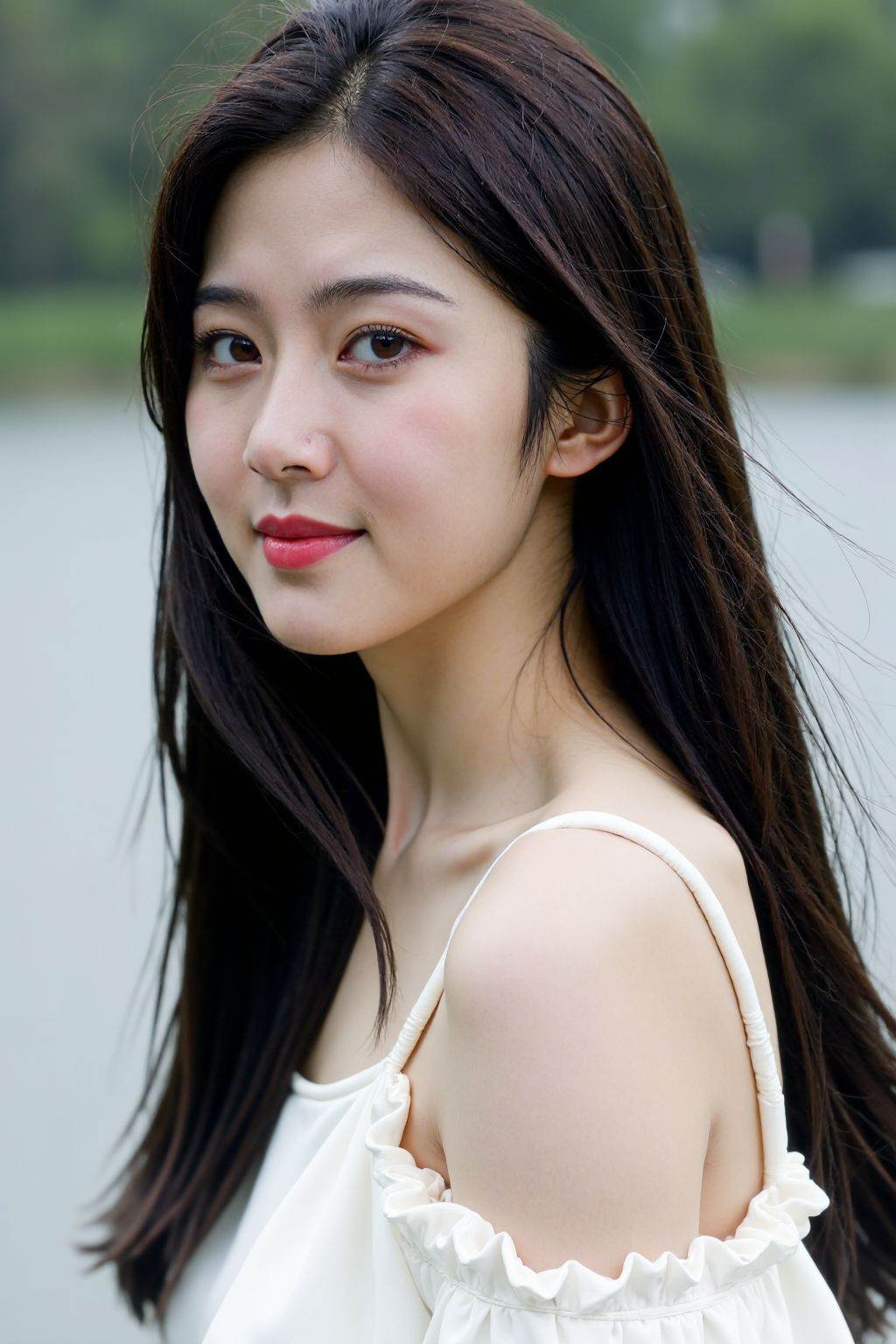 film grain, 1girl, solo, realistic, black hair, looking at viewer, dress, long hair, smile, white dress, brown eyes, photorealistic, upper body, river,