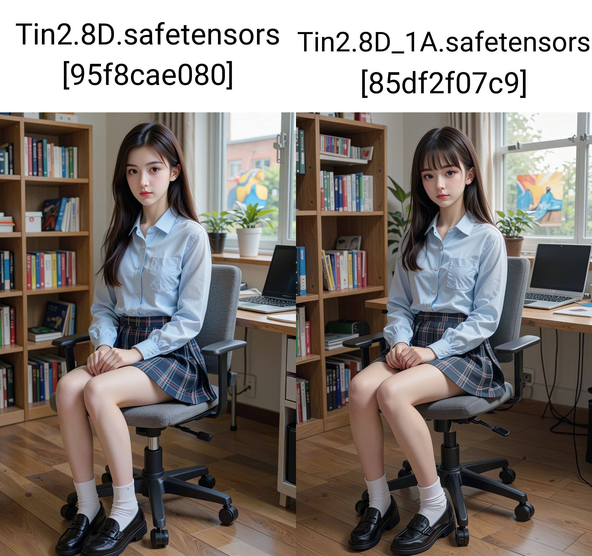 The image depicts a young woman sitting on a grey office chair in an indoor setting. She has long,  straight hair that is...