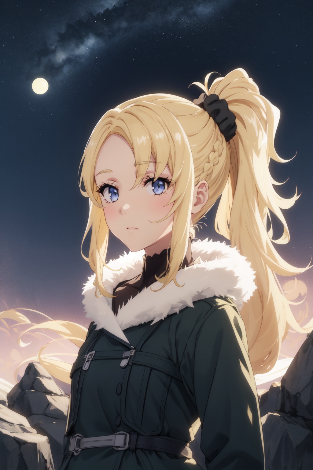 <lora:Nodoka:0.8>,Nodoka CYQL,1girl,looking at viewer,solo,blonde_hair,ponytail,bangs,long_hair,hair_scrunchie,black_scrunchie,scrunchie,blue_eyes,Wool-blend coat with a faux fur collar and cuffs for added elegance,happy,portrait,Landscape, Lunar, Moon, Craters, Rocks, Silence, Serenity, Mystery,(Bamboo shoots, Bamboo grove, Misty atmosphere, Morning tranquility, Bamboo shadows, Zen serenity:0.5),beautiful detailed sky,beautiful detailed glow,posing in front of a colorful and dynamic background,masterpiece,best quality,beautiful and aesthetic,contrapposto,female focus,wallpaper,