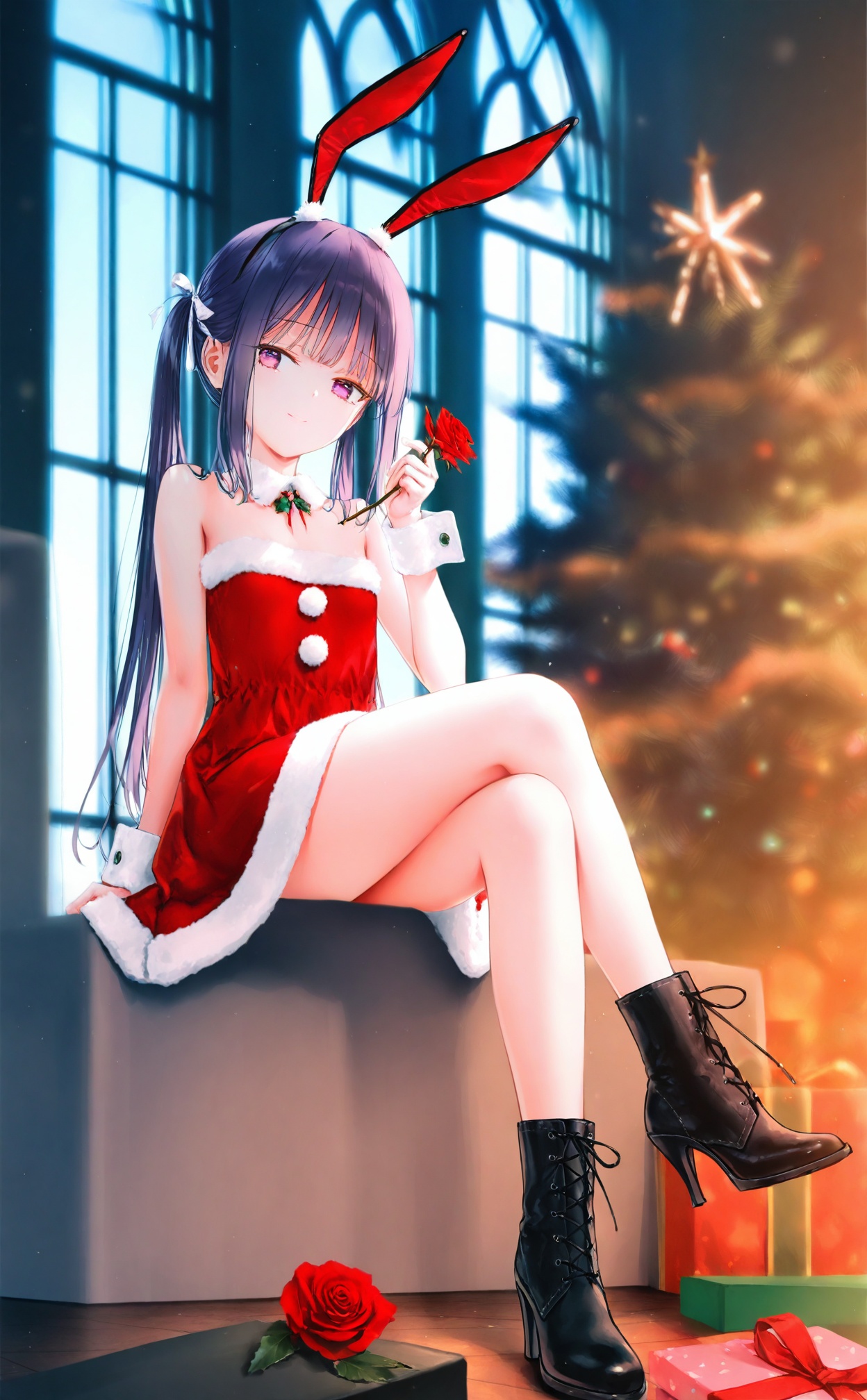 masterpiece,blurry background,loli,light leaks,fair_skin,blurry,depth_of_field,Cinematic Lighting,background light,loli,Artist:hiten_(hitenkei),artist chen_bin,artist:wanke,(artist:ke-ta:0.6),[Artist:wlop],[[Artist:sheya:0.9]],loli, 1girl, animal ears, solo, gift, flower, red dress, dress, holding, sitting, rabbit ears, red flower, christmas, long hair, rose, crossed legs, christmas tree, twintails, looking at viewer, red rose, box, holding flower, gift box, purple hair, boots, fur trim, christmas present, fur-trimmed dress, full body, santa dress, high heels, very long hair, breasts, red eyes, pink eyes, black footwear, bare shoulders, bow, santa costume, fake animal ears, smile, bare legs, window, indoors, ribbon, white wrist cuffs, purple eyes