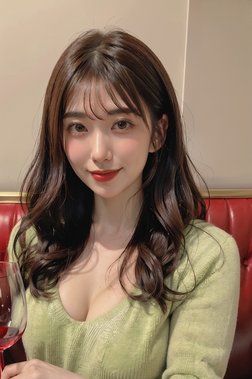 (masterpiece, best quality,top quality),1girl,solo,realistic,long hair,smile,closed mouth,wavy hair,wine glass,holding wine glass in right hand,lips,upper body,cleavage,sweater,green sweater,medium breasts,indoos,restaurant,rlooking at viewer,simple background,sake,front view,<lora:aika_yamagishi-v05:0.8>,aika yamagishi,<lora:neg4all_bdsqlsz_V3.5:0.6>,