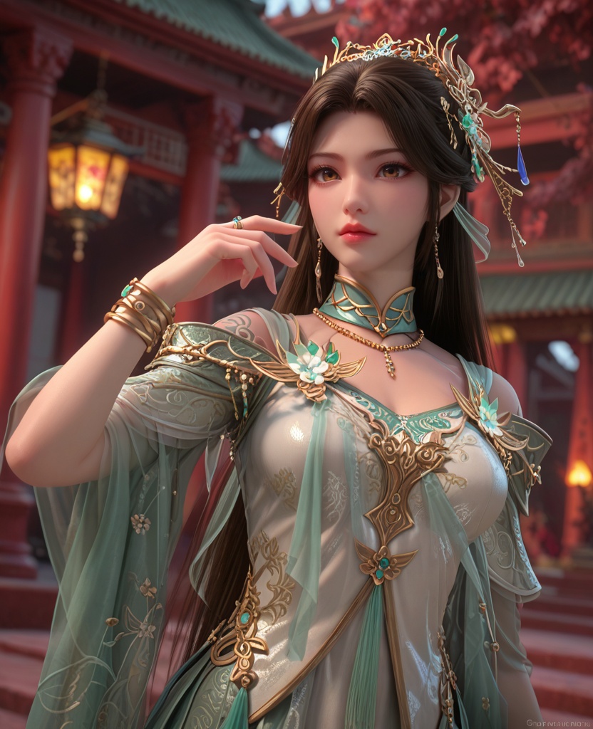 (oriental architecture, elegant decor, sophisticated style:1.1),(holding object:1.1),(breasts:1.2),<lora:XL百炼成神溪幼琴:0.9>,miss xiyouqin,long hair,flower jewelry,brown hair,hair ornament,dress,earrings,green dress,bracelet,necklace,brown eyes,, zPDXL2, score_9, score_8_up, score_7_up BREAK realistic, masterpiece,best quality, highly detailed,, zPDXL3, zPDXL2,zPDXL, zPDXLxxx, zPDXLrl,