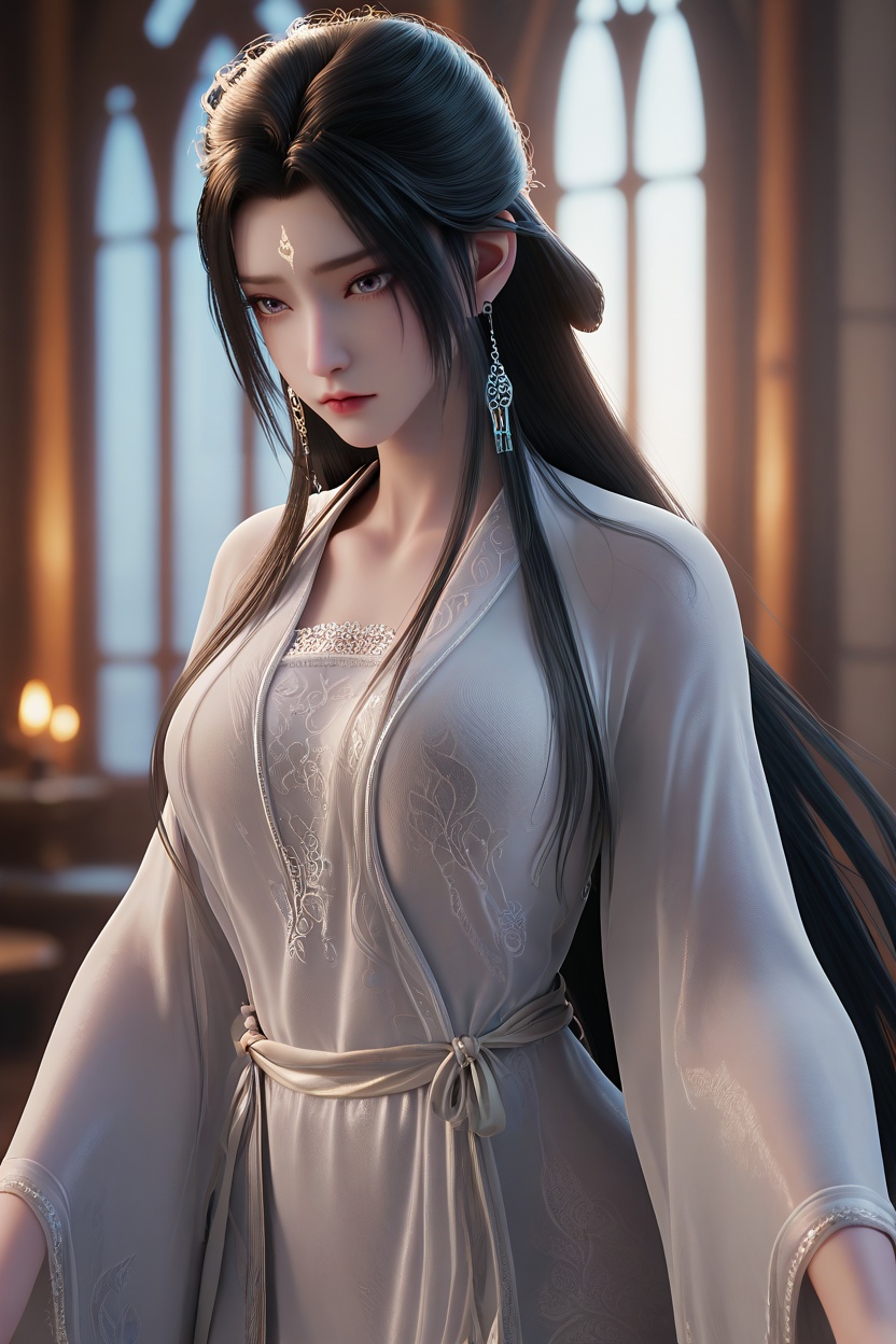 <lora:XL16诛仙陆雪琪单衣:0.95>,miss luxueqi,see-through robe,white hanfu,white lace bandeau,forehead mark,black hair,very long hair,long front strands,(large breasts:1.2),, score_9,score_8_up,score_7_up,score_6_up,score_5_up,score_4_up,3d rendering,tag1,tag2, Cinematic Lighting,backlighting,