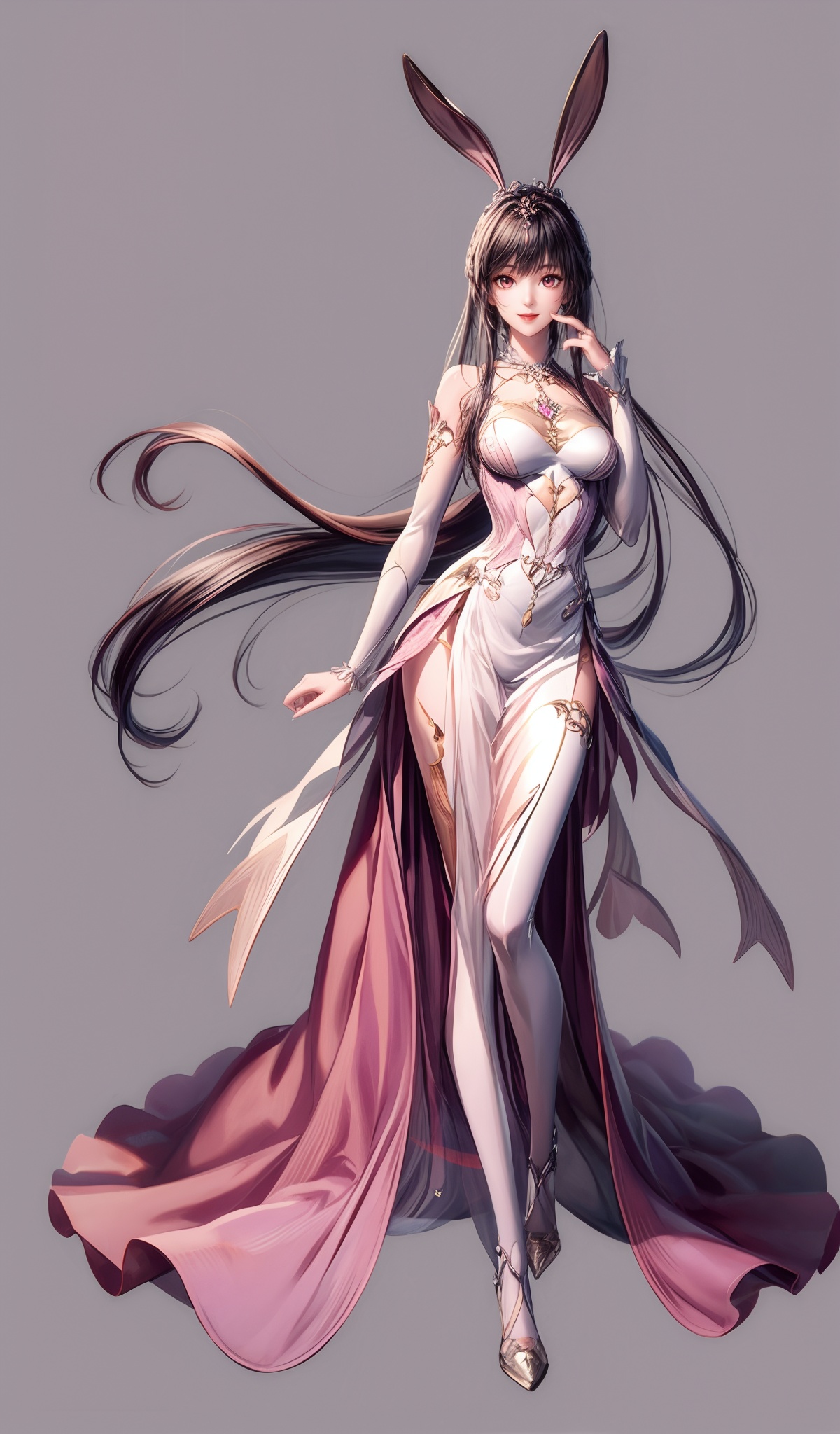 masterpiece,best quality,illustration,anime,(solo:1.1),full_body,simple gray background,looking_at_viewer,1girl,(mature_female:1.2),rabbit ears,dress,pink dress,hair ornament,collar,silver wire edging,black hair,very long hair,<lora:add_detail:1>,smile,<lora:成年小舞1.31:0.7>,