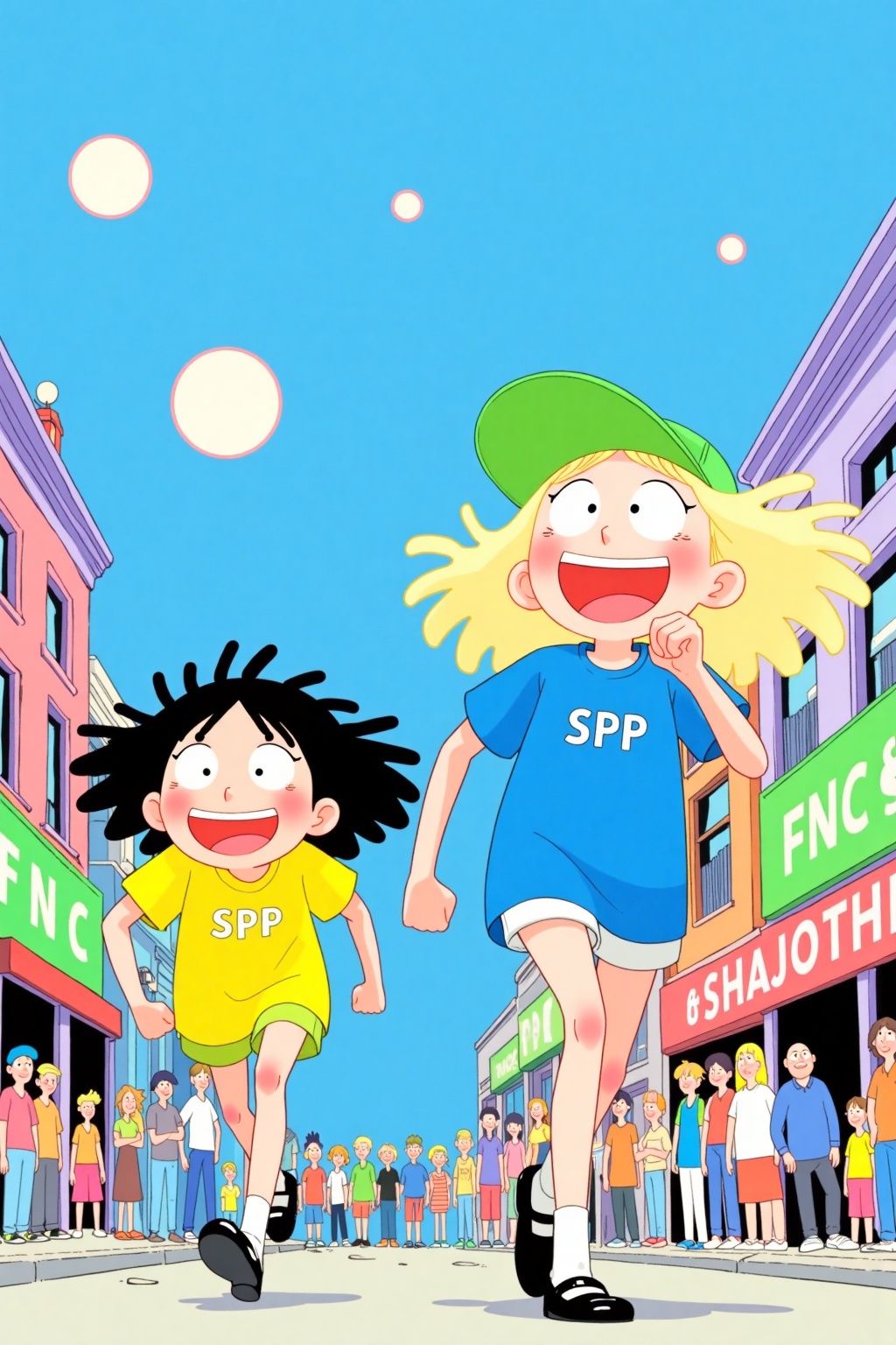 beijihui,An animated cartoon image of a girl in a yellow t-shirt with the letters "SPP" on it. The girl on the right is wearing a blue short-sleeved shirt with a green cap on her head. Her blonde hair is blowing in the wind and she has a red smile on her face. Her eyes are open and her mouth is slightly open. Her arms are outstretched and she is holding her hands together. She is running towards the left. The background is a bright blue sky with two white bubbles floating in the air. To the right of the image there is a green sign with white letters on it that says "FNC". To the left of the sign there are people standing on the sidewalk.