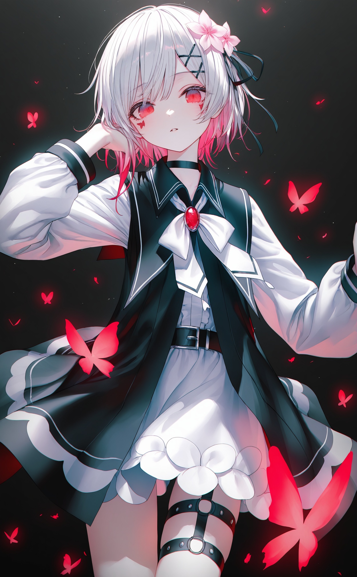 masterpiece,absurdres,best quality,loli,petite,high quality,//,sakuraba_ema,1girl,solo,hair_ornament,flower,ribbon,multicolored_hair,red_eyes,black_choker,parted_lips,hair_flower,choker,looking_at_viewer,dress,white_hair,white_bowtie,bow,bug,long_sleeves,butterfly,white_bow,hair_ribbon,brooch,red_hair,bowtie,black_dress,short_hair,pink_flower,hairclip,belt,thigh_strap,facial_mark,black_ribbon,hand_up,white_ribbon,red_gemstone,gradient_hair,pink_hair,jewelry,chromatic_aberration,white_dress,two-tone_hair,grey_bow,cowboy_shot,colored_inner_hair,//,(rhasta:0.9),Artist:na-ga,(kiwi500g:1.1),(quasarcake:0.2),(wanke:0.9),(iumu:0.72),(toosaka asagi:0.4),(Artist:chen bin:0.9),//,<lora:sakuraba_ema——【noob】hans:0.8>,