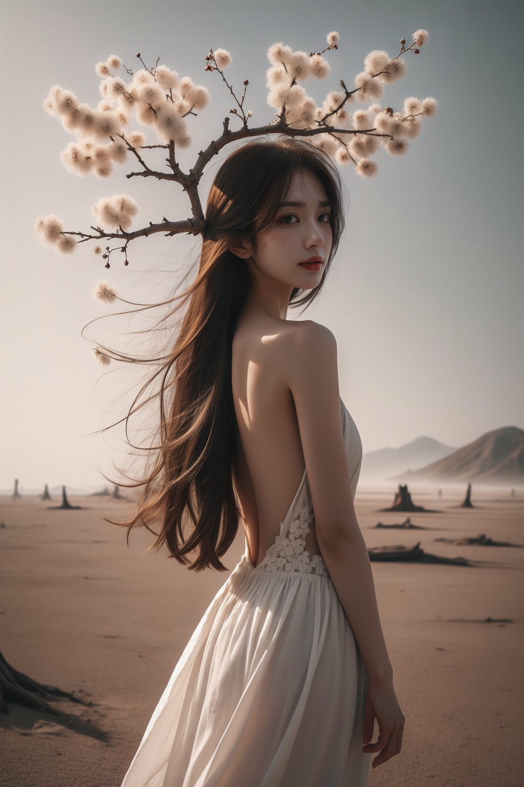 1girl,<lora:枯枝1:1>,This picture depicts a surrealistic image of a woman blending with natural elements. A woman stands in a desolate scene,her back and hair gradually turning into branches and twigs of a tree. A few flowers bloomed on the branch,as if she were a tree growing flowers. She was wearing a flowing white long skirt,with the hem spread out on the ground,interweaving with the lines of the tree roots. This woman's posture is sideways facing backwards,facing the mist in the distance,as if she is gazing or contemplating. The color contrast,light and shadow processing,and theme conception in this picture are all very captivating,creating a feeling of combining fantasy and reality. Overall,images convey an artistic concept that combines natural and human forms,full of symbolic meaning and inner emotional expression.,smile,