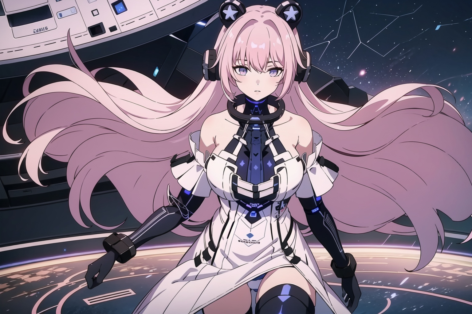 masterpiece,best quality,cowboy shot,(space),starry sky,clusters of stars,1girl,cute,solo,bangs,bare_shoulders,dress,gloves,long_hair,pink hair,headset,(huge breasts),(expressionless),parted lips,walk,black thighhighs,<lora:add_detail:-0.2>,<lora:nijipretty_20230624235607:0.4>,<lora:buou147-000010:0.7>,