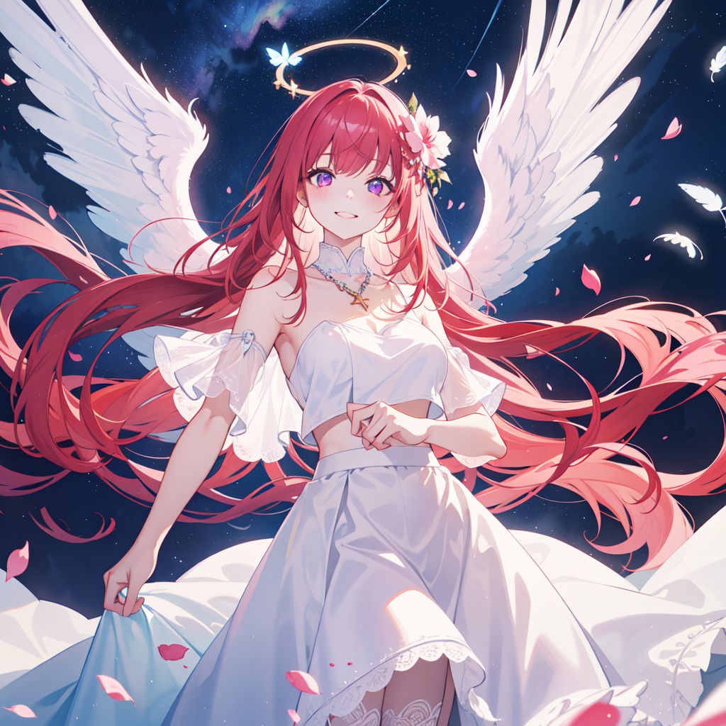((ink)),(water color),bloom effect,detailed beautiful grassland with petal,flower,butterfly,necklace,smile,petal,(((surrounded by heavy floating petal flow))),sunlight,extremely light,extremely clothes,Holy Light,dynamic angle,Light particle,very long hair,pink red hair,purple eyes,glowing eyes,expressionless,((light smile)),((((white Tulle skirt)))),white silk,looking at viewer,angel wings,large wings,multiple wings,angel halo,(((starry sky))),dusk sky,Floating light spot,Lots of feathers,, smile,purple eyes,pink red hair,long hair,elegant,, masterpiece,