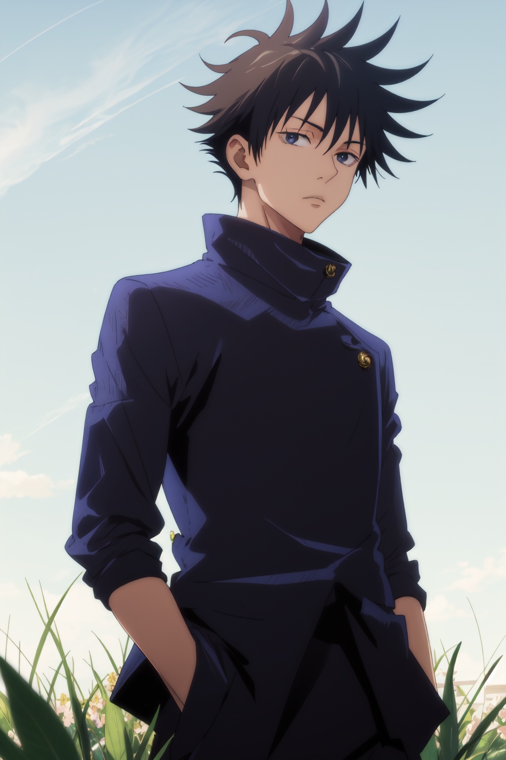 <lora:Fushiguro-000016:0.9>,Fushiguro CYQL,1boy,looking at viewer,solo,male focus,black hair,short hair,spiked hair,black eyes,school uniform,pants,jacket,long sleeves,bust,foreshortening,As darkness falls, the sky twinkles with countless stars, the Milky Way spanning across the heavens. A gentle breeze rustles through the grass, and the distant howl of wolves intermingles with the chirping of insects,beautiful detailed sky,beautiful detailed glow,masterpiece,best quality,beautiful and aesthetic,wallpaper,