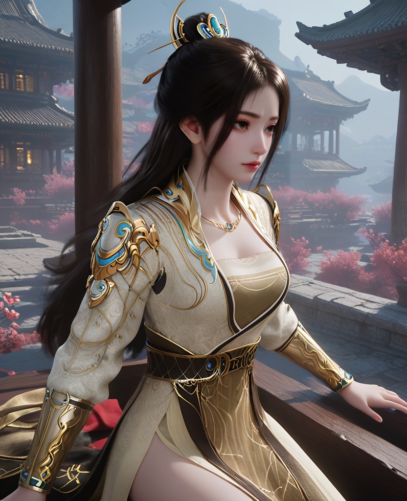 (oriental architecture, elegant decor, sophisticated style:1.1),(Sitting on a windowsill, legs dangling outside, lost in thought,:1.1),(breasts:1.2),<lora:XL16遮天姚曦:0.95>,miss yaoxi,solo,yellow high slit dress,brown eyes,eyeshadow,black hair,hair ornament,long hair,hair bun,brown bra,necklace,jewelry,belt,thigh,brown pelvic curtain,vambraces,pauldrons,, score_9,score_8_up,score_7_up,score_6_up,score_5_up,score_4_up,3d rendering,tag1,tag2, Cinematic Lighting,backlighting,