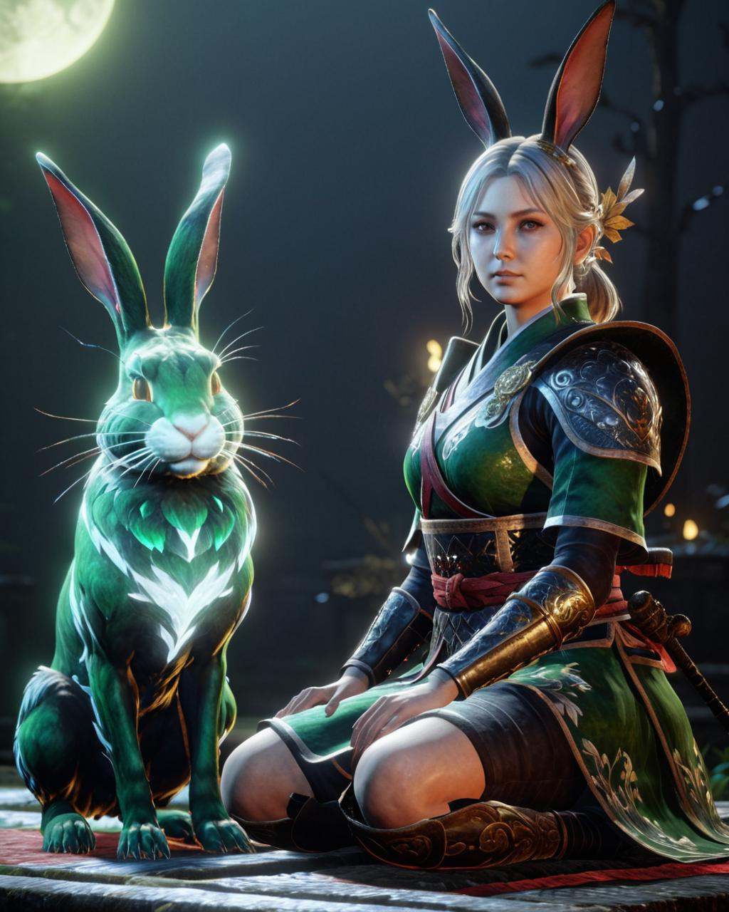 1girl,  sitting next to a dark green rabbit,  niohxlguardiansprt on Tensor.Art