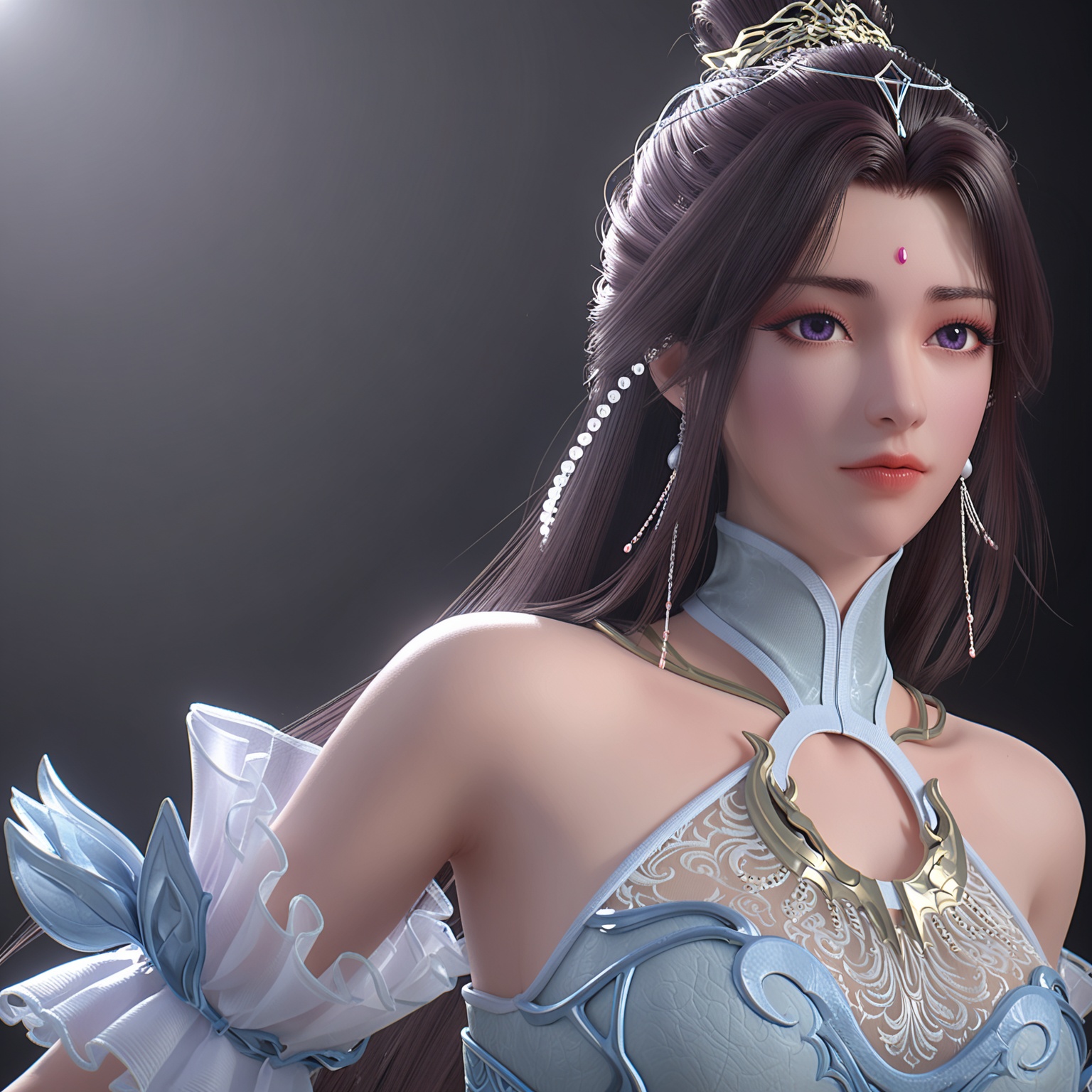 <lora:YQponyyuecan_lanyiV4:0.8>,q1528437228,solo,1girl,long_hair,black_hair,hair_ornament,dress,jewelry,bare_shoulders,white_dress,earrings,hair_bun,forehead_mark,facial_mark,brown_hair,single_hair_bun,purple_eyes,blue_eyes,detached_sleeves,realistic,gloves,blue_dress,see-through,beads,white_footwear,forehead_jewel,necklace,tiara,bracelet,detached_collar,fingerless_gloves,legs,BREAK score_9,upper_body,portrait,shiny_skin,looking at viewer,cinematic lighting,volumetric lighting,solo focus,(huge breasts:0.9),(simple background,pure black background,black background:1.1),