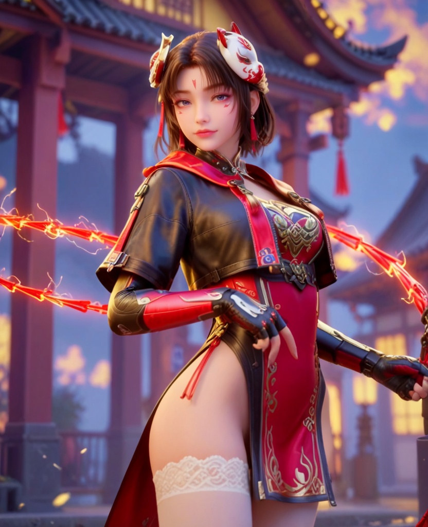 (oriental architecture, elegant decor, sophisticated style:1.1),(Arching her back, hands trailing up her thighs, she captures the essence of allure and tempting beauty:1.1),(breasts:1.2),<lora:XL穿越火线蝉:0.95>,miss chan,cropped jacket,red corset,facial mark,blue eyes,brown hair,short hair,fox bun cover,fingerless gloves,red pelvic curtain,white thighhighs,black shorts,fire whip,mask on head,, score_9,score_8_up,score_7_up,score_6_up,score_5_up,score_4_up,3d rendering,tag1,tag2, Cinematic Lighting,backlighting,, zPDXL3, zPDXL2,zPDXL, zPDXLxxx, zPDXLrl,