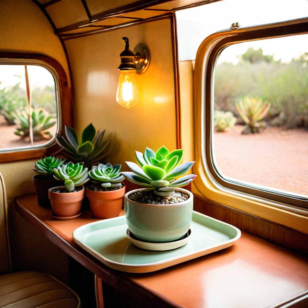 scenevintatrave,  a small potted succulent,  vintage travel trailer interior table on Tensor.Art