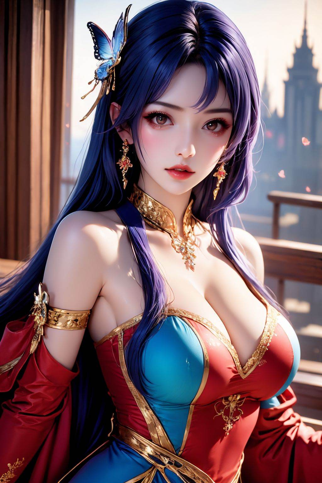 <lora:20250818_AgainAnimeGirlLora9:1>, 1girl, jewelry, breasts, dress, solo, blue hair, long hair, building, earrings, red dress, cleavage, brown eyes, parted lips, looking at viewer, hair ornament, butterfly, detached sleeves, upper body