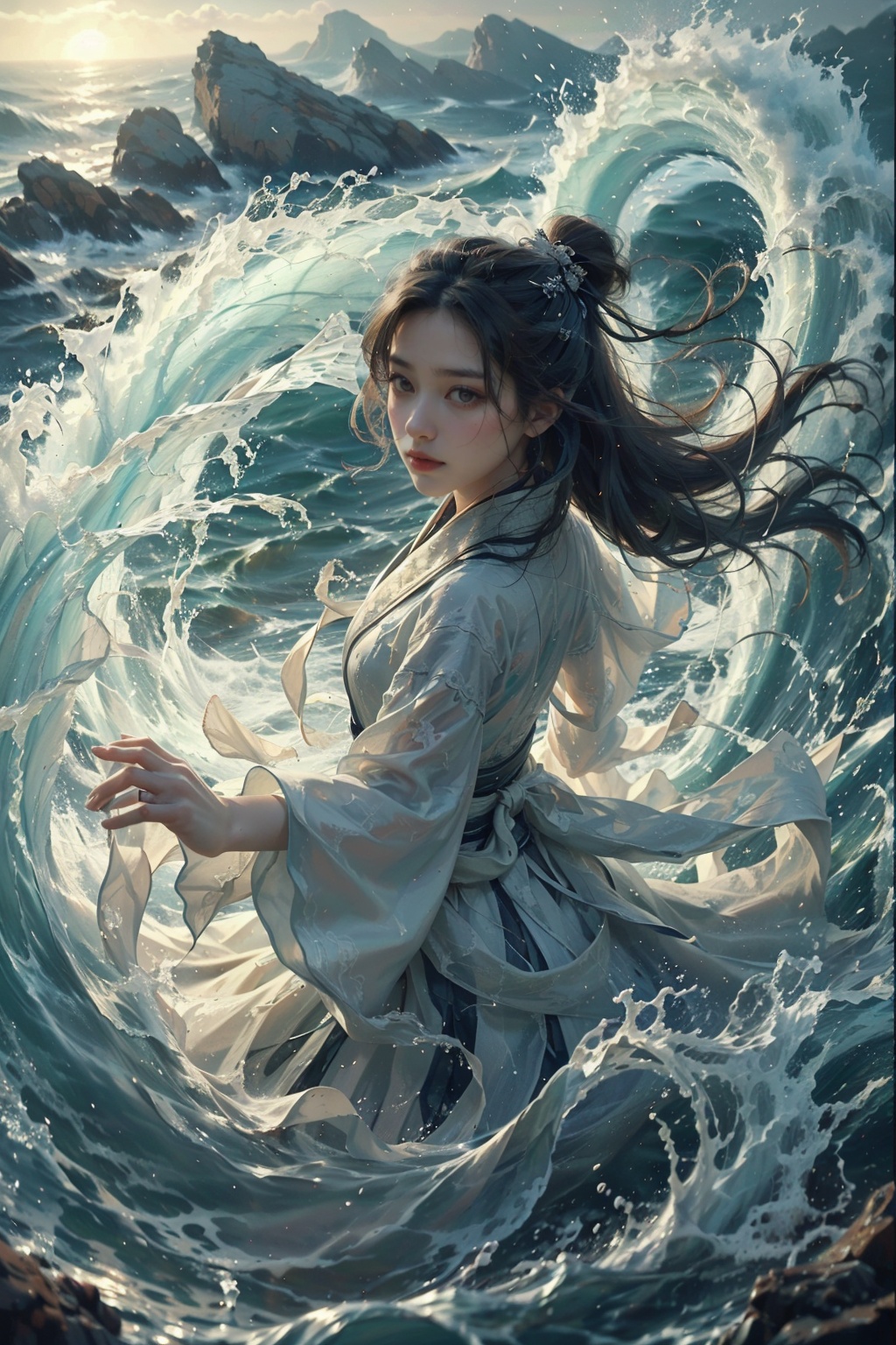 haifeisiv6,  arafed image of a woman in a white dress in a wave,  feng zhu concept art on Tensor.Art