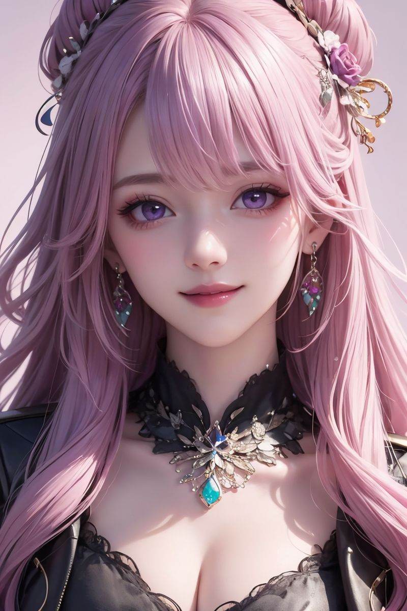 1girl, long hair, purple eyes, earrings, jewelry, solo, looking at viewer, pink hair, smile, very long hair, hair ornament, jacket, lips, high quality, colorful, delicate eyes and face, detailed background,