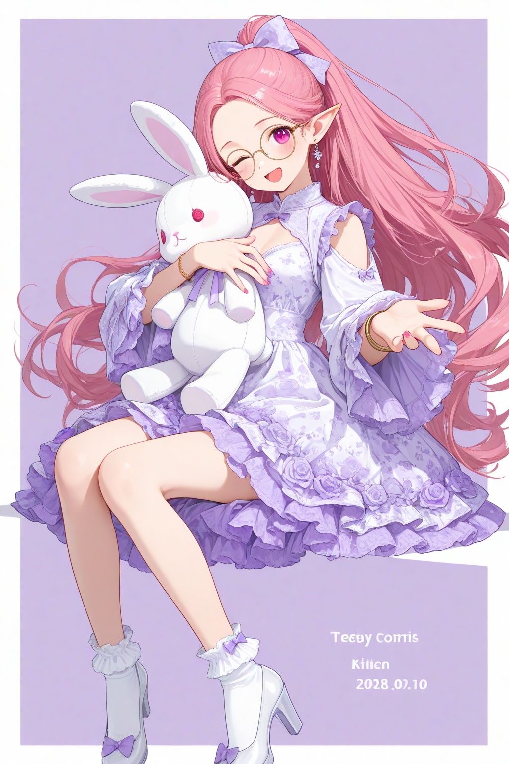 masterpiece, best quality, perfect anatomy, aesthetic, absurdres, outside_border, holding_stuffed_toy, long_hair, pink_hair, shoes, purple_background, yellow-framed_eyewear, 1girl, jewelry, frills, flower, simple_background, round_eyewear, english_text, outstretched_arm, bespectacled, hair_bow, long_sleeves, full_body, dress_flower, purple_eyes, very_long_hair, frilled_sleeves, hugging_object, frilled_dress, blush, one_eye_closed, pink_nails, closed_mouth, floating_hair,high_heels, stuffed_rabbit, blue_sky, sitting, , solo, breasts, dot_nose, print_dress, red_eyes, white_socks, glasses, bracelet, pinafore_dress, open_mouth, purple_flower, stuffed_toy, white_footwear, frilled_socks, medium_breasts, hand_on_own_chest, hair_ribbon, bare_shoulders, dated, small_breasts, looking_at_viewer, rose, earrings, reaching, artist_name, stuffed_animal, white_dress, high_ponytail, nail_polish, sleeveless_dress, purple_rose, wide_sleeves, dress, purple_dress, ponytail, hair_flower, brown_hair, two-tone_background, holding, pink_eyes, ;d, pink_flower, sky, knees_together_feet_apart, shirt, elf, pointy_ears, hair_ornament, socks, bow, forehead, bobby_socks, layered_dress