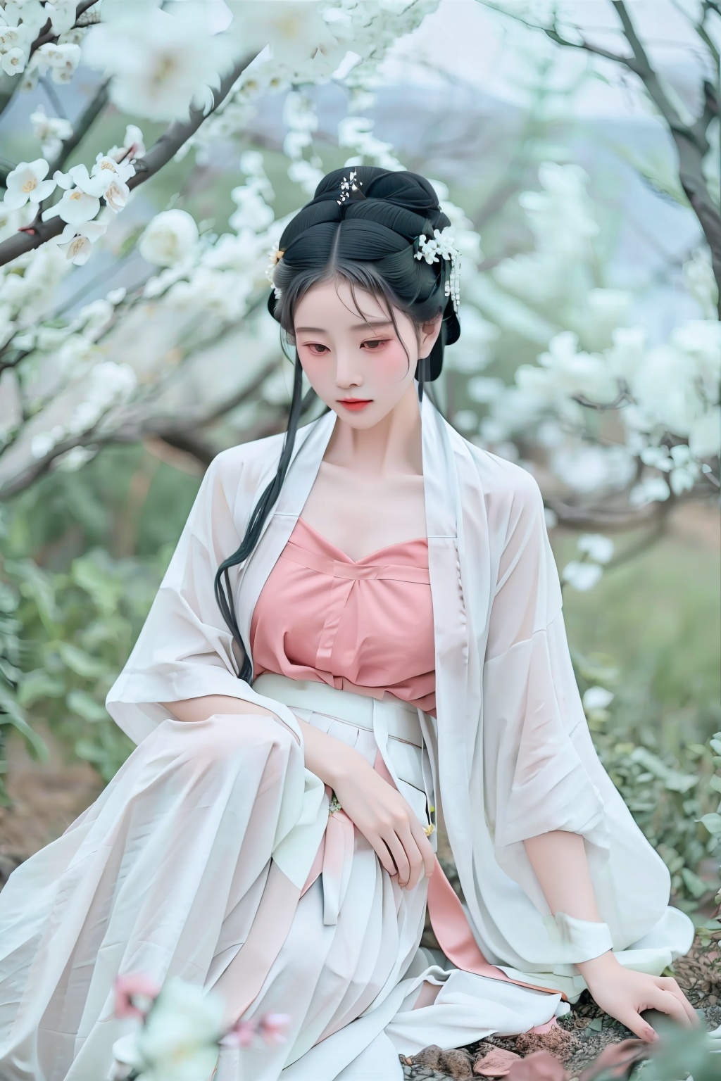 wfot-white-flowers-on-tree,1girl,whpls-white-hanfu-pleated-long-skirt,wh-white-hanfu,pb-pink-bellyband,solo,long hair,black hair,hair ornament,flower,lying,hair flower,hair bun,blurry,realistic,<lora:taqing:0.8>,
