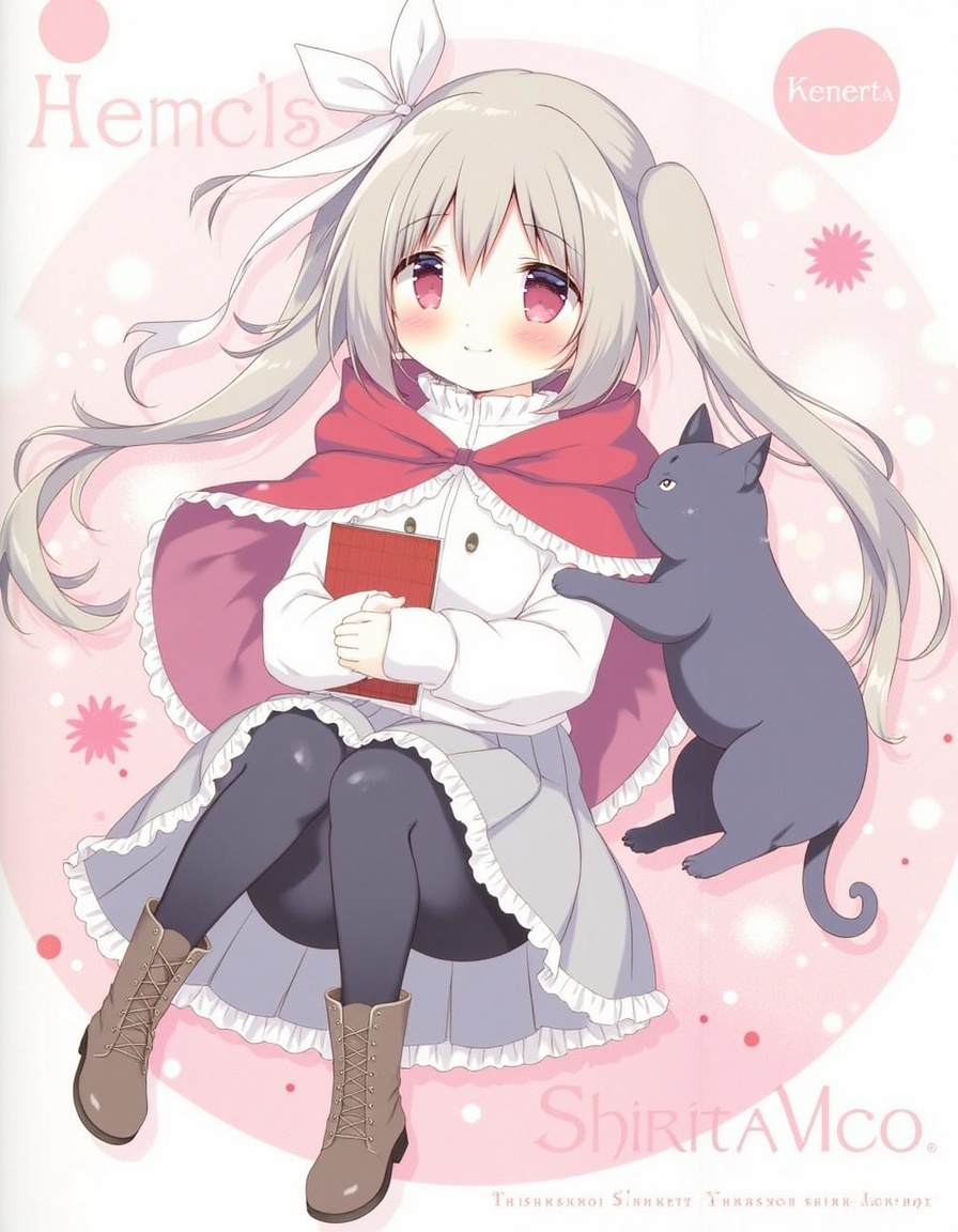 shiratama_(shiratamaco), absurdres, highres, non-web_source, scan, 1girl, ahoge, animal, black_cat, black_pantyhose, blush, book, boots, bow, brown_footwear, brown_hair, capelet, cat, closed_mouth, cross-laced_footwear, frilled_skirt, frills, full_body, grey_hair, grey_skirt, hair_between_eyes, hair_bow, hair_ornament, holding, hood, hood_down, hooded_capelet, hugging_object, knee_boots, lace-up_boots, long_hair, long_sleeves, looking_at_viewer, lying, on_side, page_number, pantyhose, pleated_skirt, red_bow, red_eyes, shirt, skirt, sleeves_past_wrists, smile, solo, twintails, very_long_hair, white_bow, white_shirt, x_hair_ornament, zoom_layer, neri_(hoshishiro), comiket_103, hoshizora_tetsudou_to_shiro_no_tabi, year_2024,, <lora:flux-Shiratamaco-000008:1>