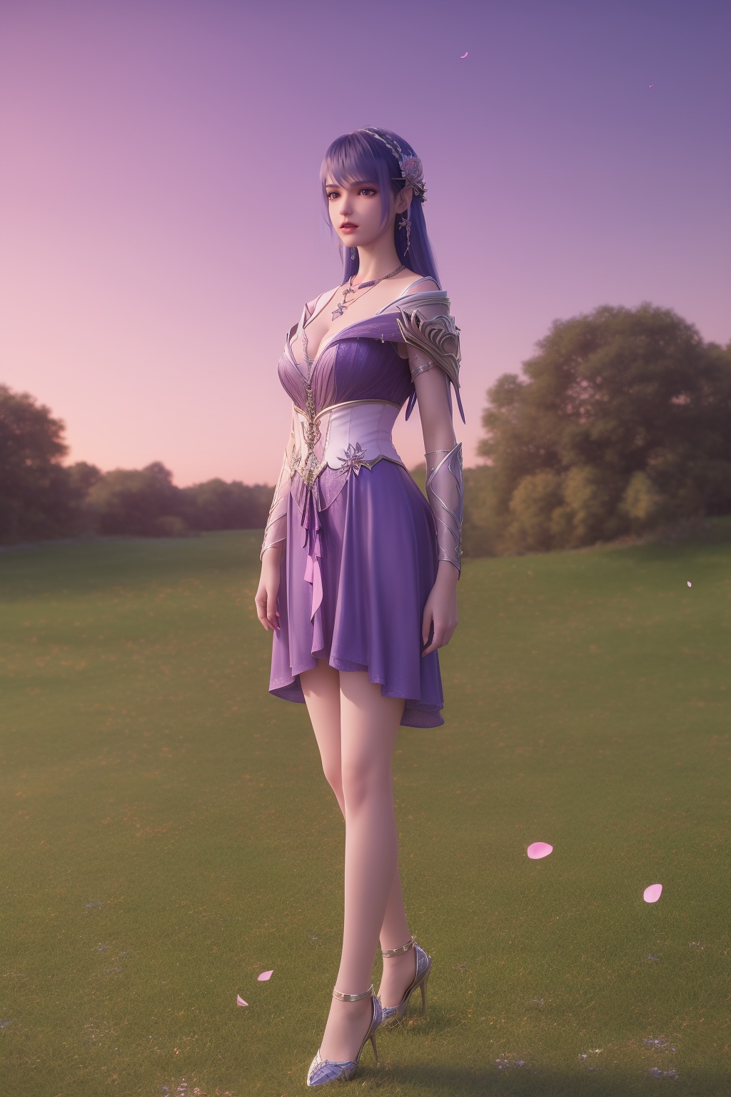 (8k, RAW photo, best_quality),(masterpiece:1.2),(realistic:1.2),(photorealistic:1.3),(ultra-detailed),(extremely_detailed_cg_8k_wallpaper),(crystal_texture_skin:1.3),(shiny:1.2),(shiny_skin:1.4),(extremely_delicate_and_beautiful),petals,flower,sky,cherry blossoms,falling petals,fair skin,shenfengShengCaiEr,1girl,solo,armor,dress,torogao,breasts,large breasts,lipstick,blue hair,hair flower,bare legs,standing,jewelry,hair ornament,earring,necklace,realistic,looking at viewer,<lora:shenfengShengCaiEr_20240714153042-000004:0.7>,
