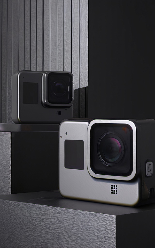 gaoji,An ultrarealistic photograph of two GoPro cameras placed side by side,one in front and the other behind. The camera is placed on top of a black table with its lens facing upwards. In the background there's a wall made out of three shades of gray panels. Use soft lighting to highlight their textures. Ensure that both cameras have white and grey body colors. Capture the scene from above in the style of Canon EF lenses at a f/2.8 aperture setting,<lora:GJsp4-XL-000005>,