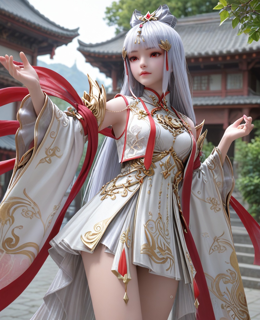 (oriental architecture, elegant decor, sophisticated style:1.1),standing, spread legs,(breasts:1.2),<lora:XL16完美世界天神书院太阴玉兔:0.95>,miss taiyinyutu,white short dress,red eyes,hime cut,white hair,very long hair,hair ornament,red shawl,wide flowing sleeves,petite girl,tiered high-low skirt,see-through fart curtain,, zPDXL2, score_9, score_8_up, score_7_up BREAK realistic, masterpiece,best quality, highly detailed,, zPDXL3, zPDXL2,zPDXL, zPDXLxxx, zPDXLrl,